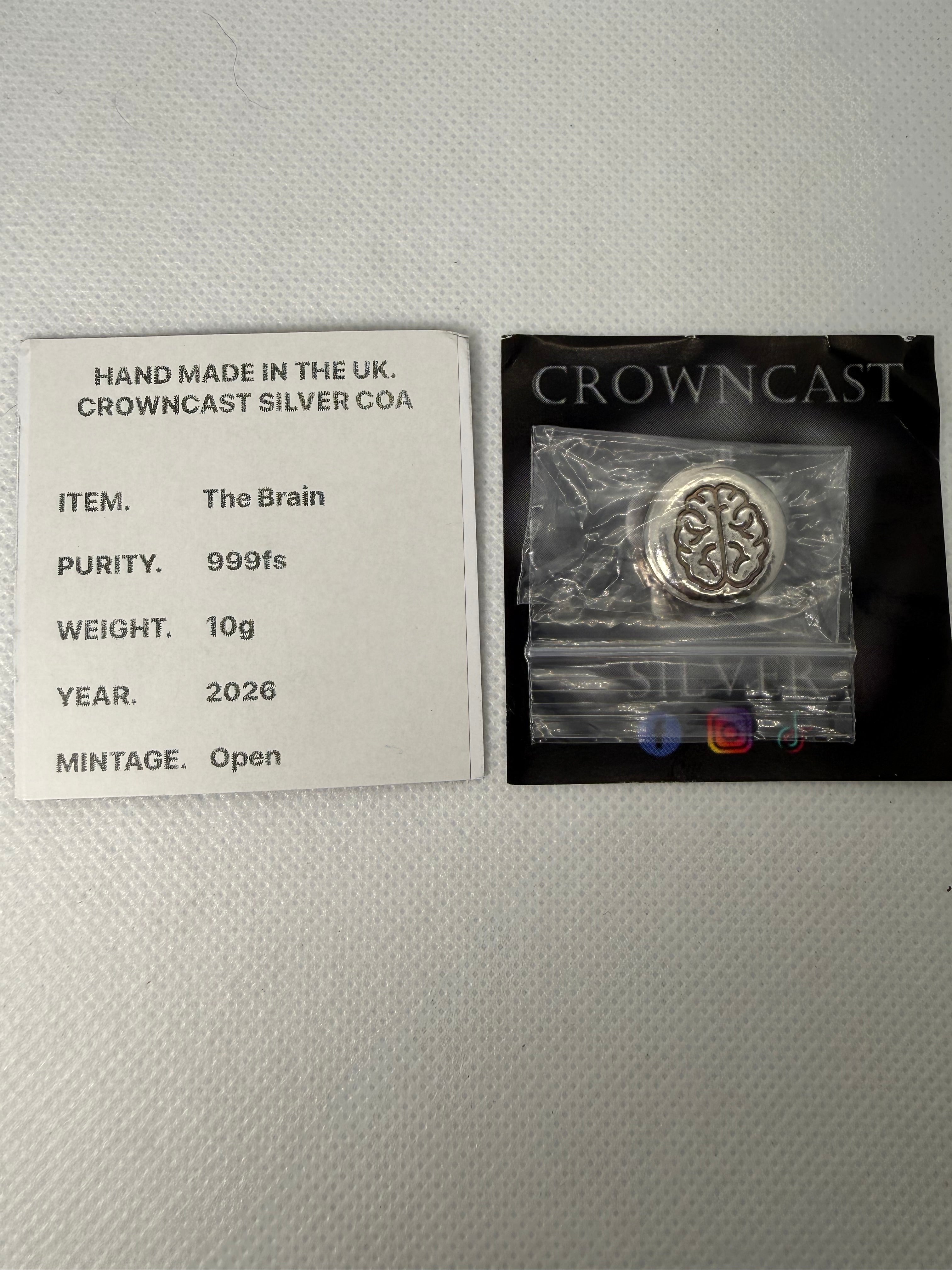 The Brain by Crown Cast 10g Fine 999 Silver handmade in the UK in 2026 with COA