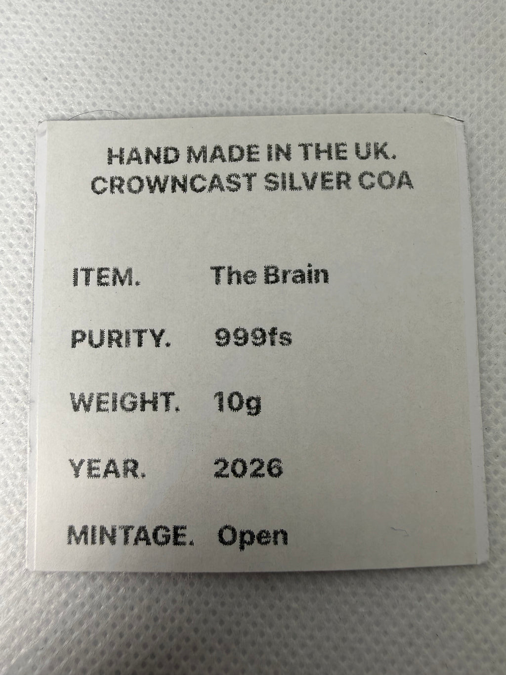 The Brain by Crown Cast 10g Fine 999 Silver handmade in the UK in 2026 with COA