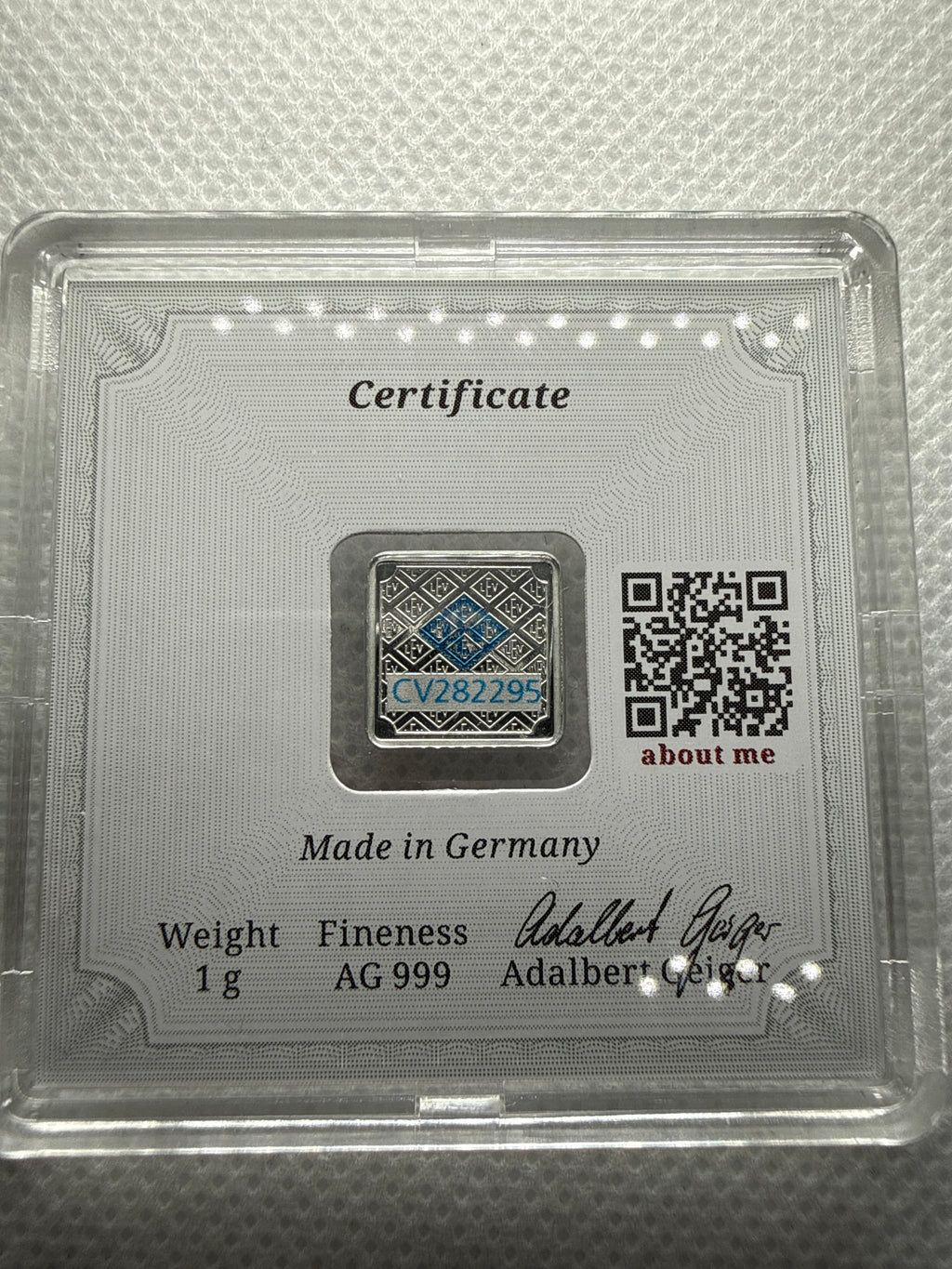 Geiger 1 gram Fine Silver Bar in Protective Capsule - Rare Limited Edition - Berlin