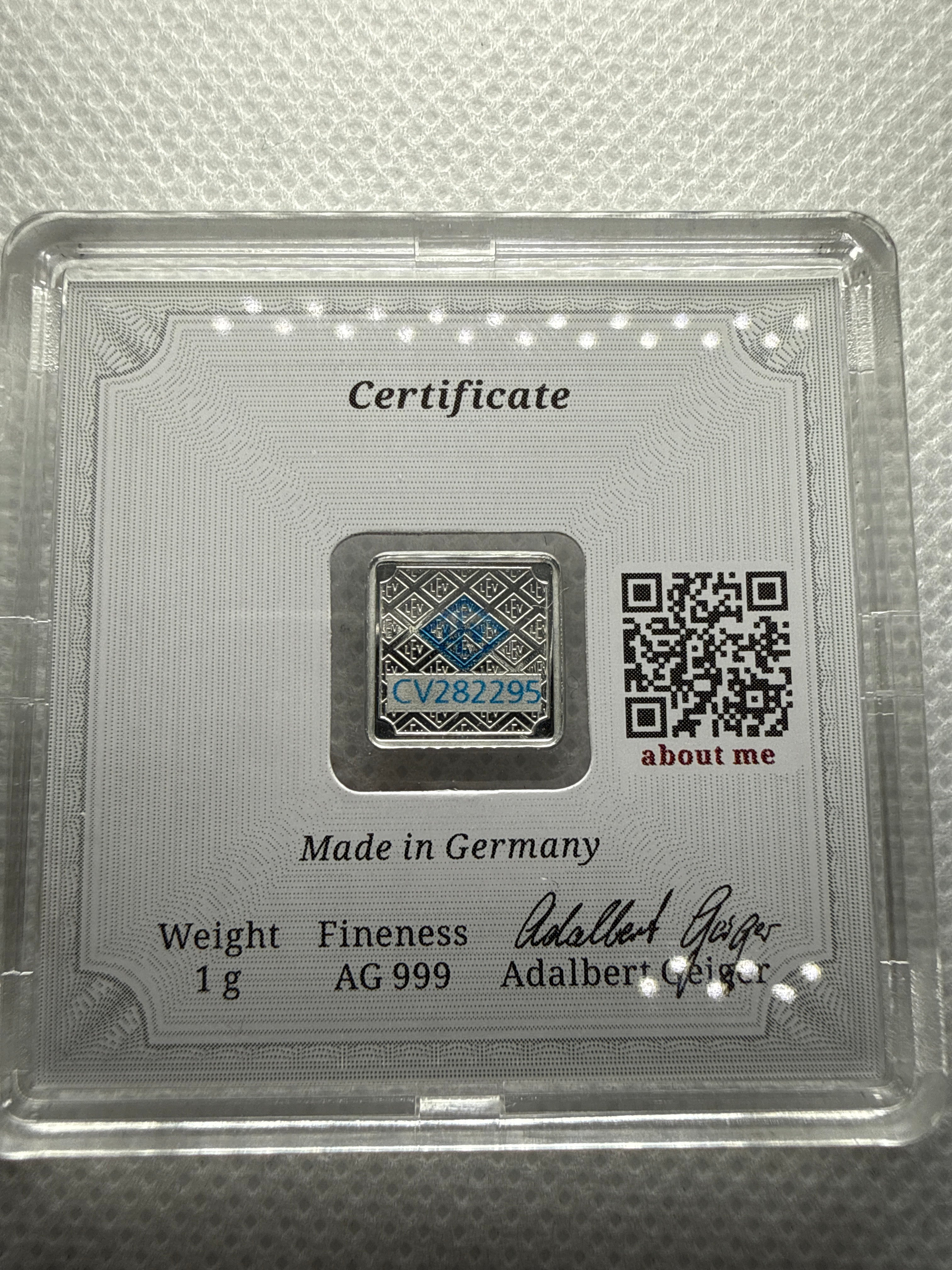 Geiger 1 gram Fine Silver Bar in Protective Capsule - Rare Limited Edition - Berlin
