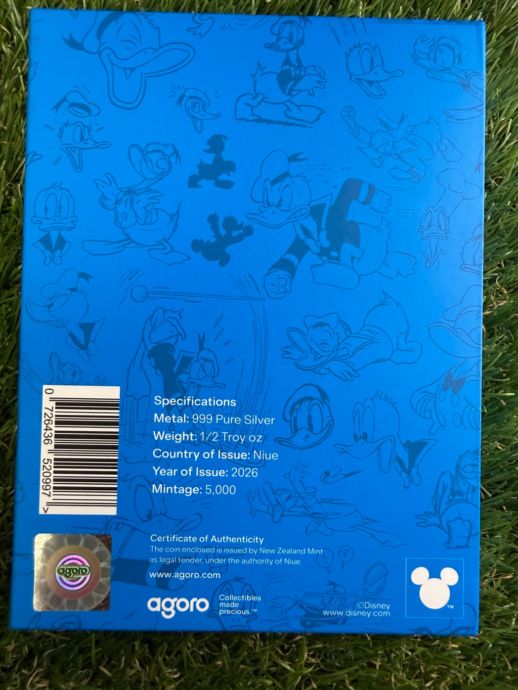 2026 Agoro Donald Duck Bar. 1/2 Troy Ounce.999 Pure Silver Collectable. LM 5000