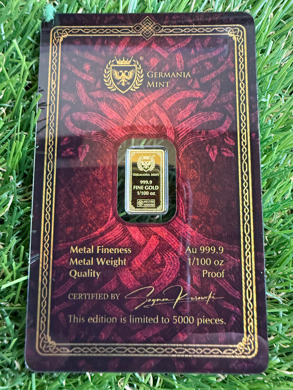 Germania Mint Frigg 1/100oz Proof Gold Bullion Bar 999.9 Fine Gold  5000 Mintage