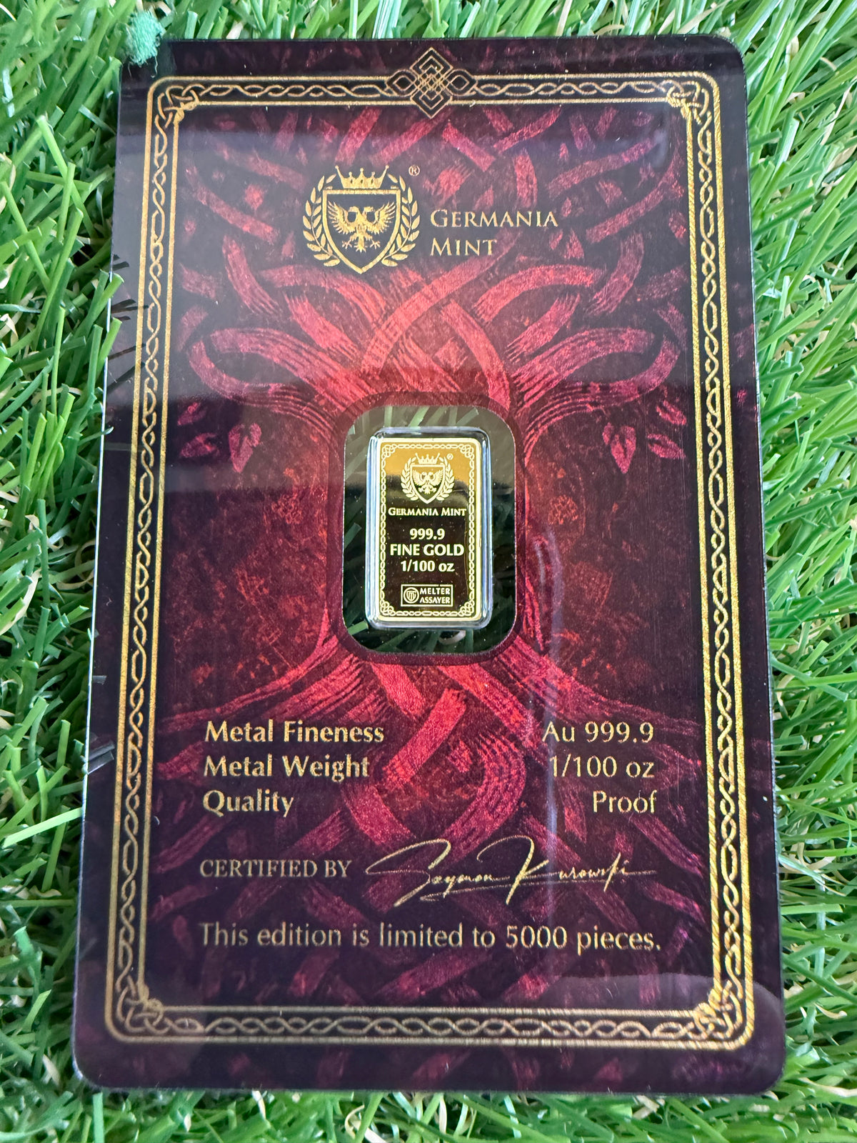 Germania Mint Frigg 1/100oz Proof Gold Bullion Bar 999.9 Fine Gold  5000 Mintage