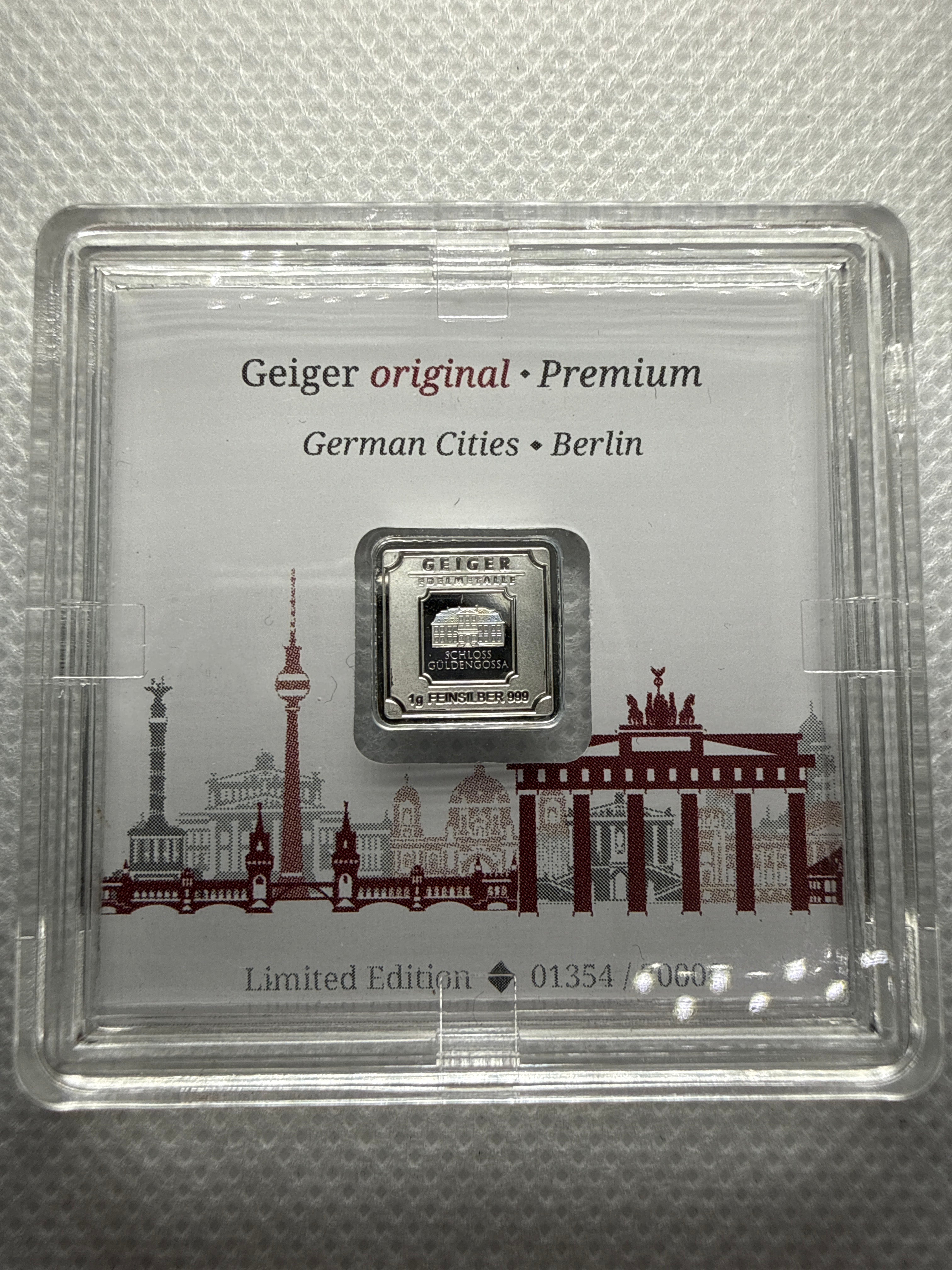Geiger 1 gram Fine Silver Bar in Protective Capsule - Rare Limited Edition - Berlin