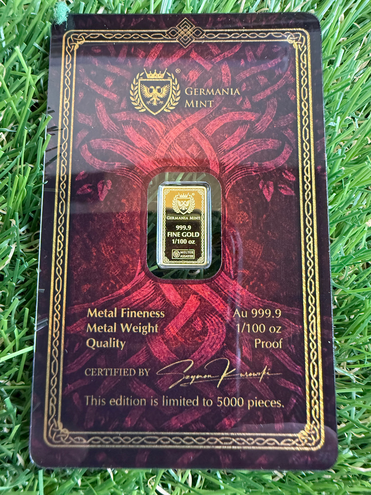 Germania Mint Frigg 1/100oz Proof Gold Bullion Bar 999.9 Fine Gold  5000 Mintage