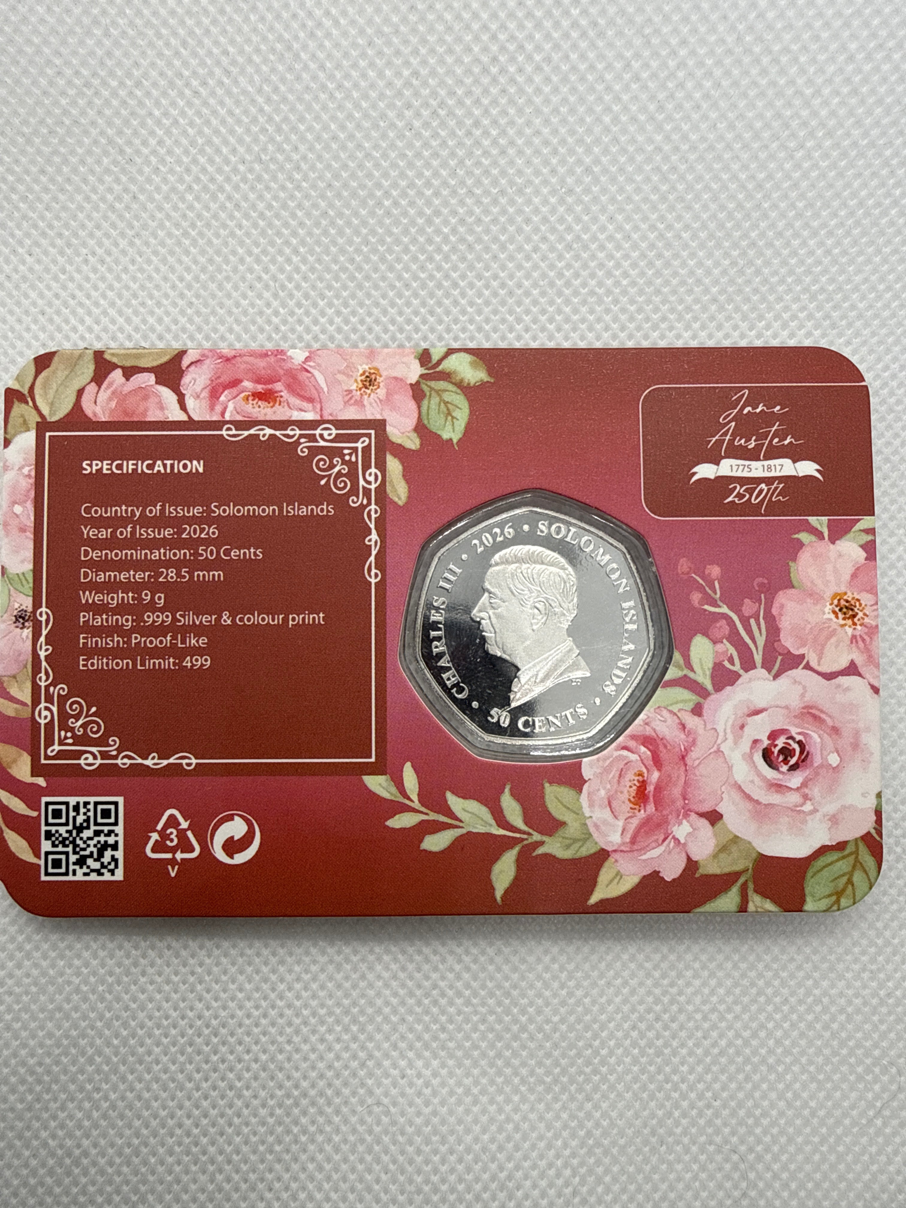 Jane Austin 250th Anniversary Coin 2026, Proof like 999 Silver Plated Coin