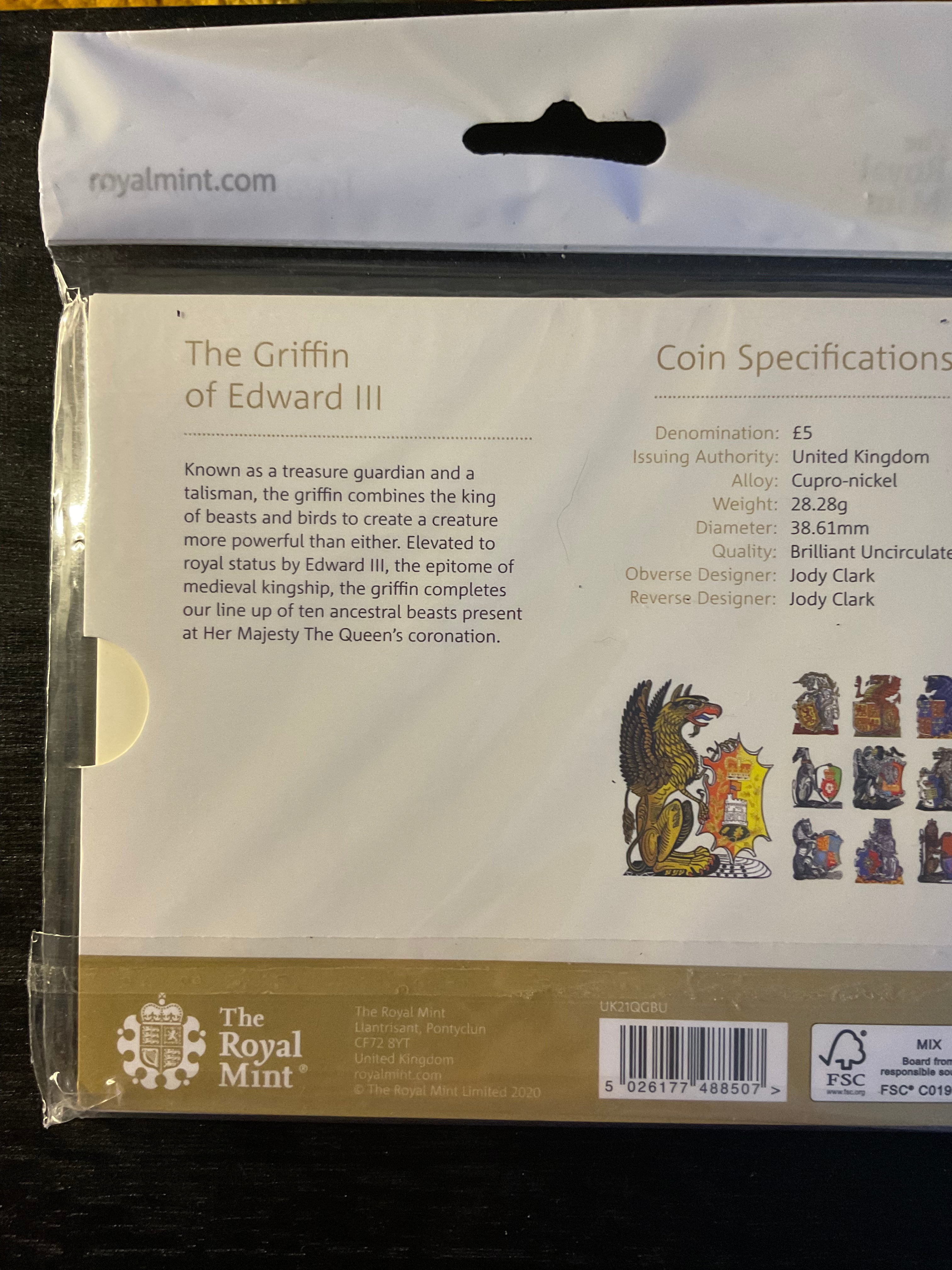 The Royal Mint - The Queen’s Beast The Griffin of Edward III 2021 £5 BU Coin