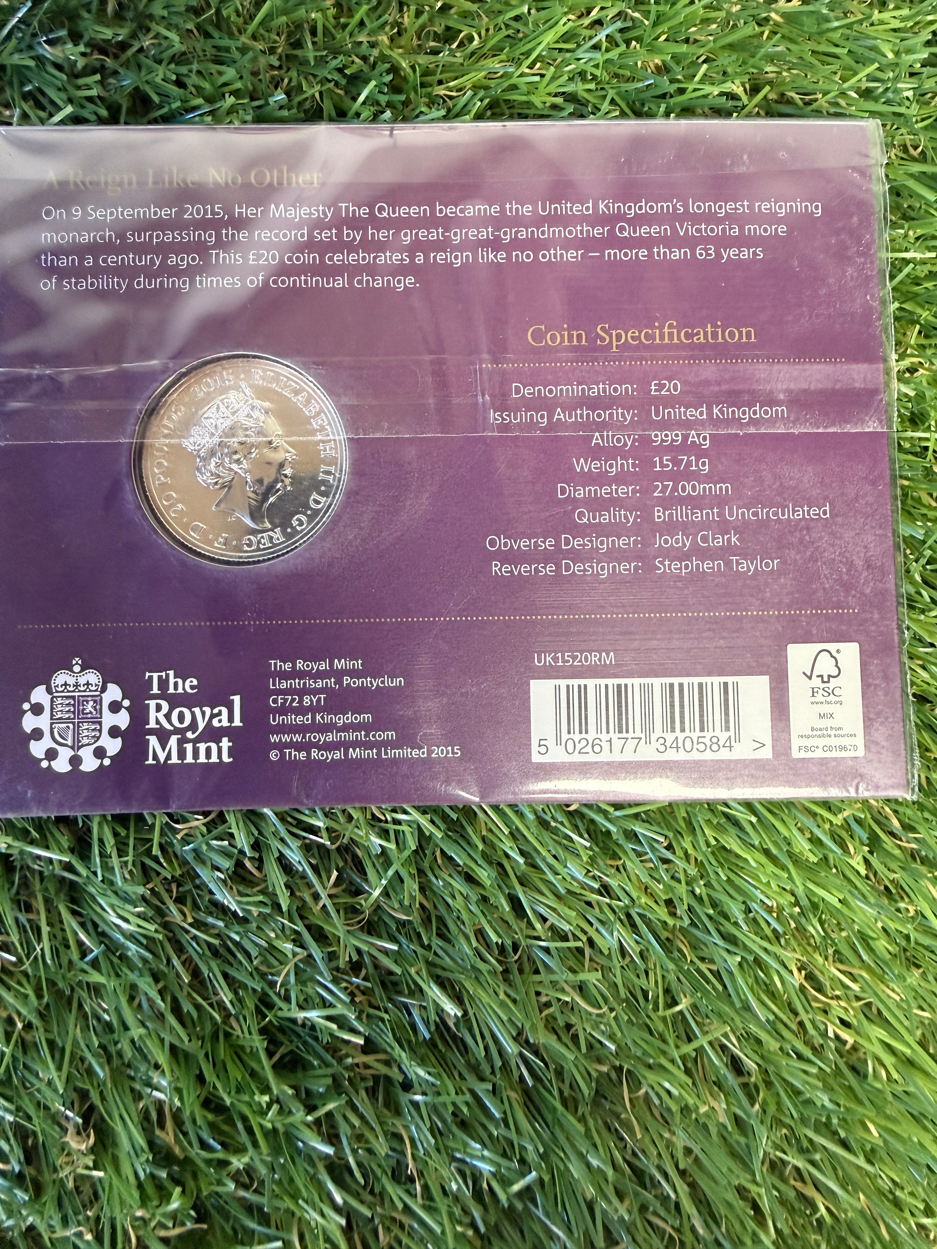 The Longest Reigning Monarch 2015 UK £20 Fine Silver Coin in Presentation Pack