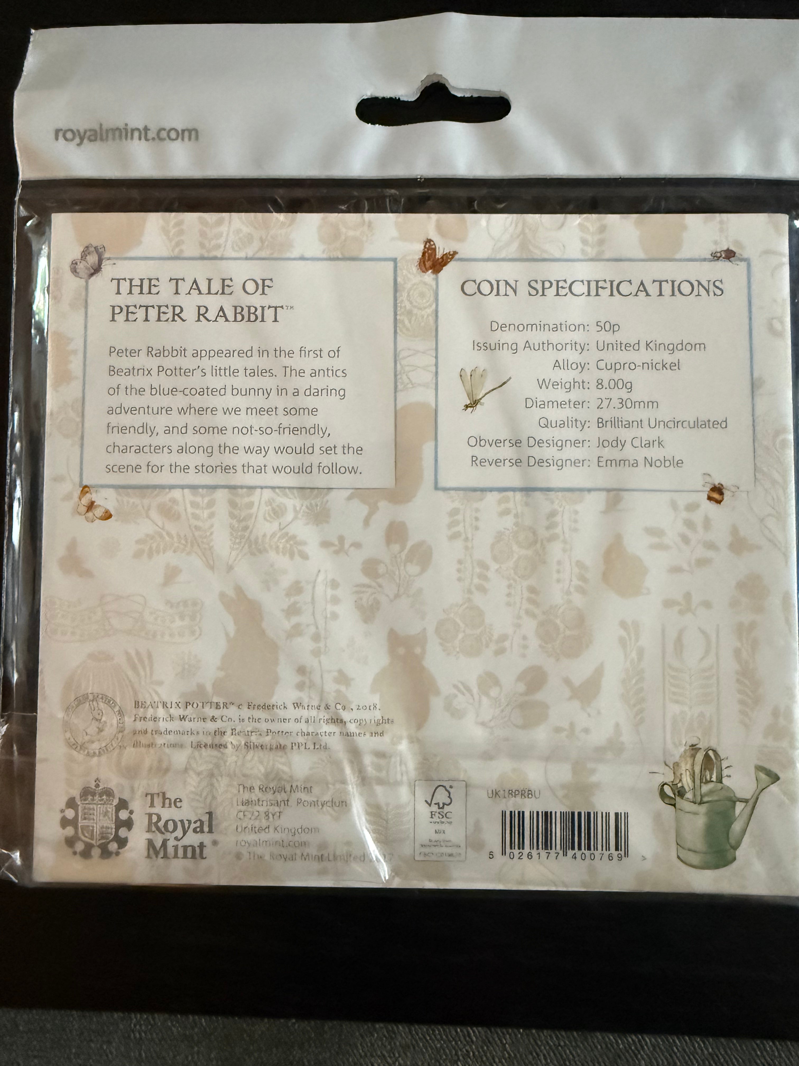 The Royal Mint - Peter Rabbit 50 Pence Coin in presentation Card from the 2018 collection