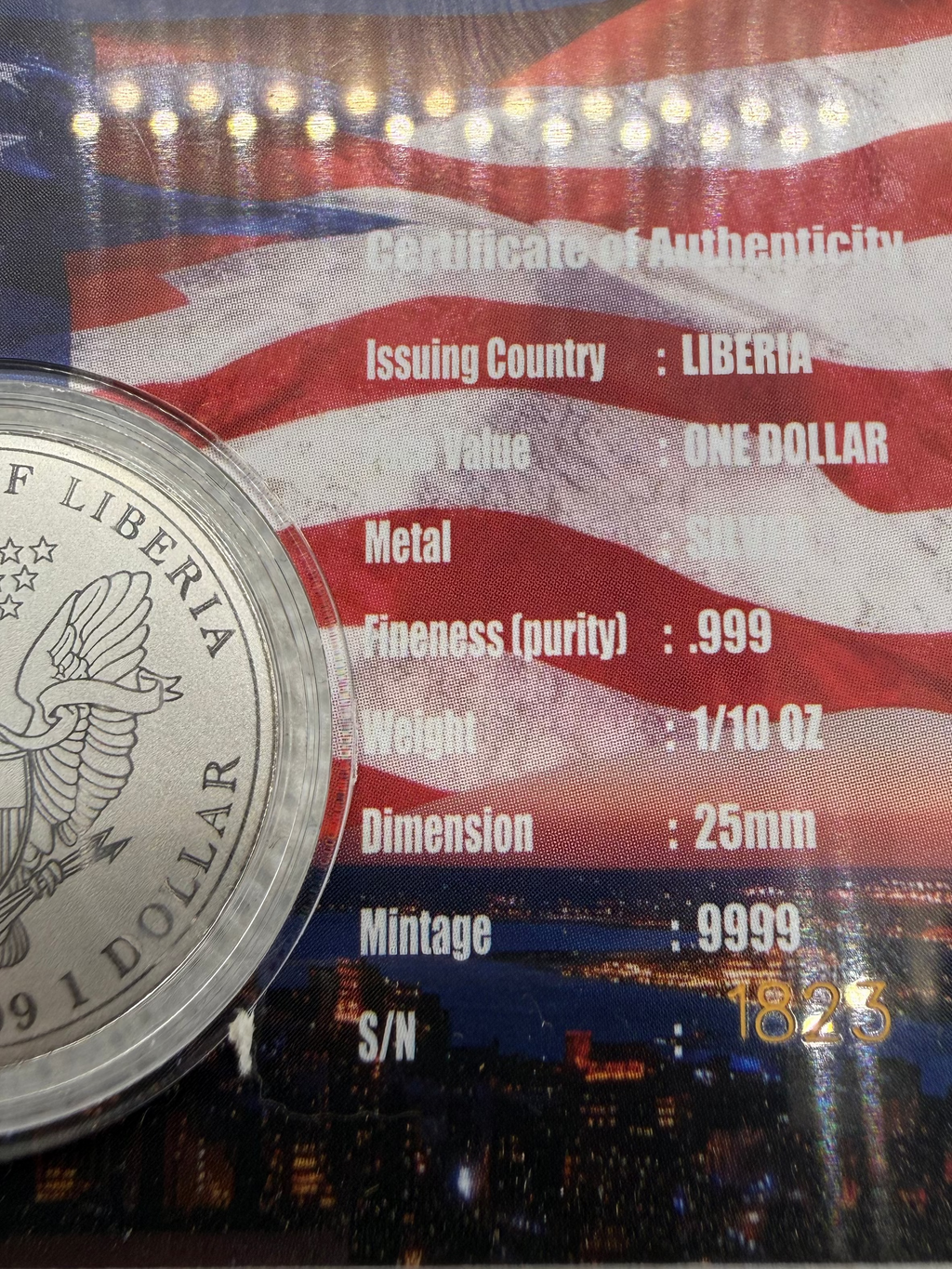 1/10th Fine Silver Coin - 250th Anniversary in card with 9999 mintage #1823