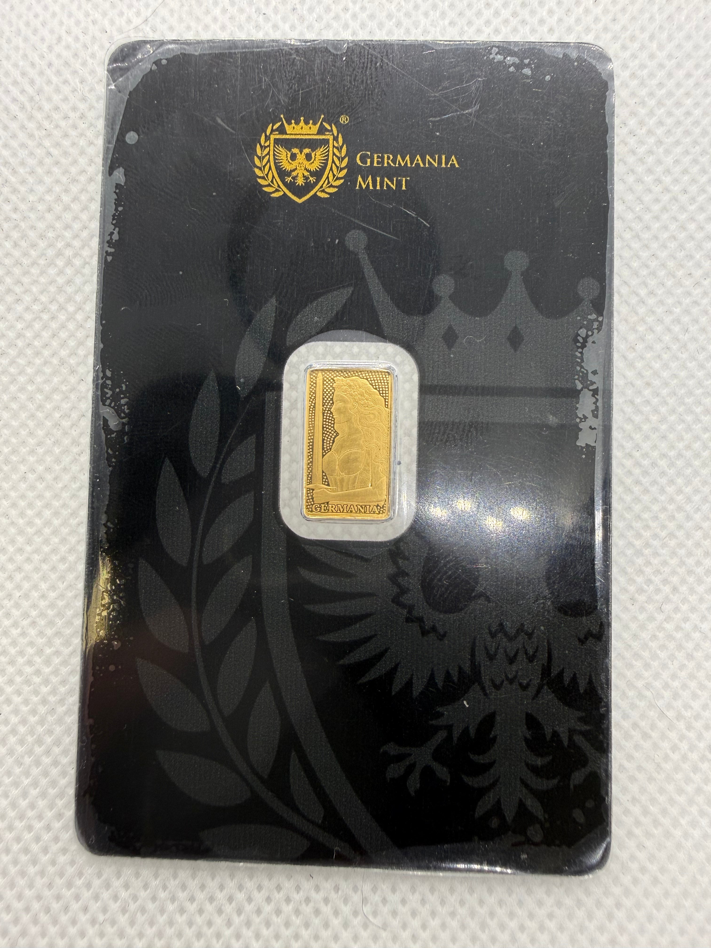 1/100 troy oz Fine Gold 999.9 Bar Germania Mint in Assay