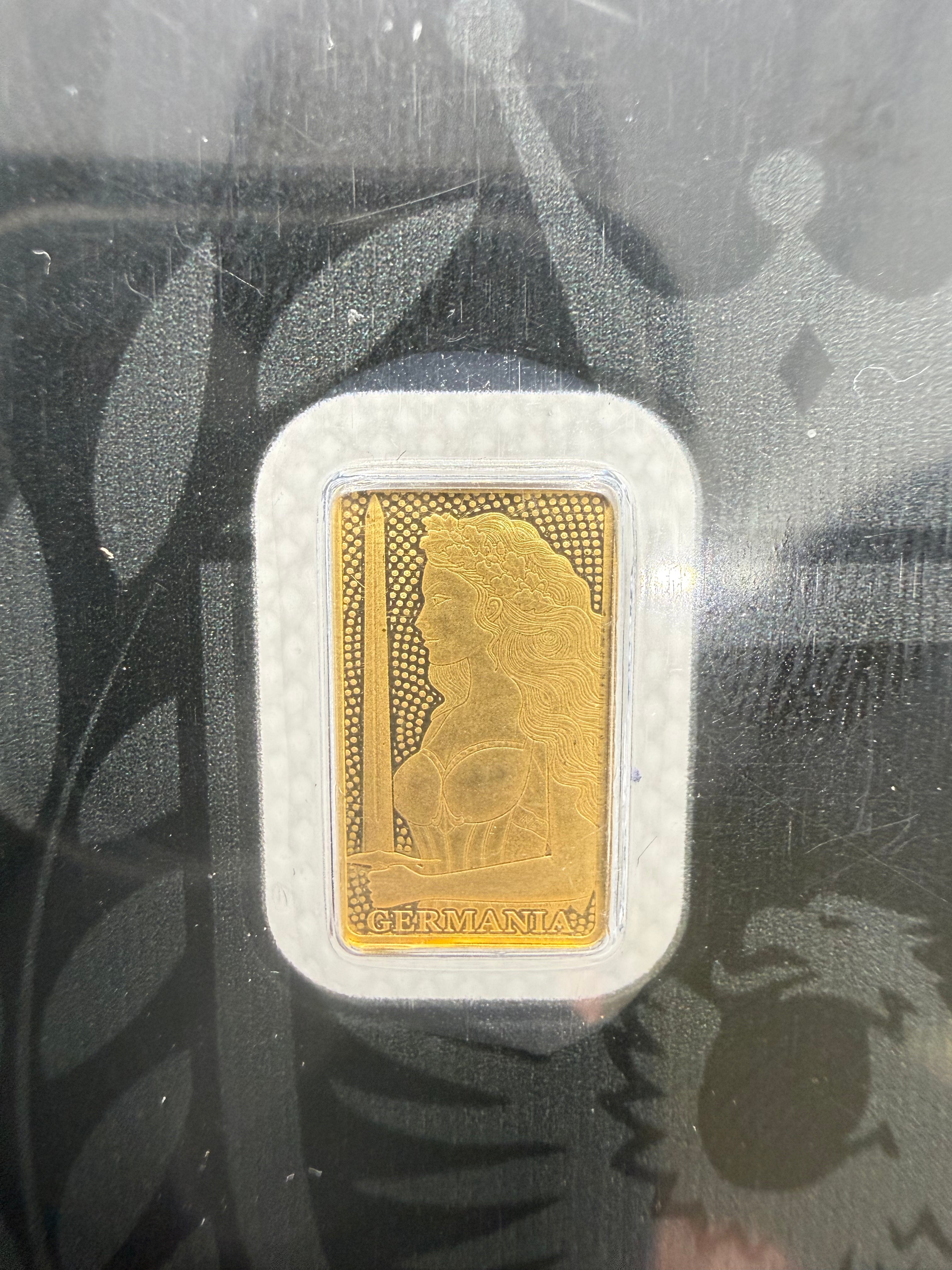 1/100 troy oz Fine Gold 999.9 Bar Germania Mint in Assay