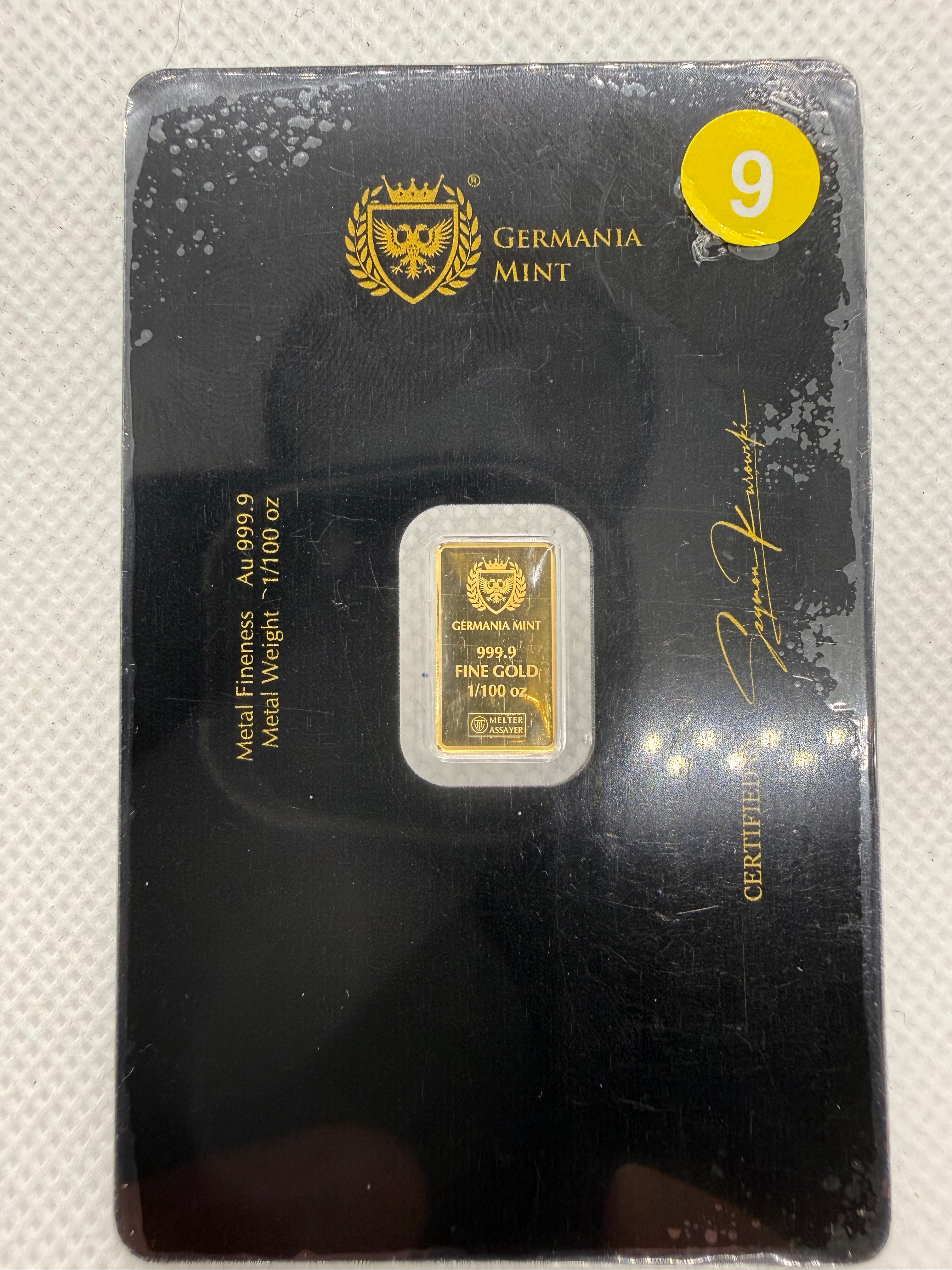 1/100 troy oz Fine Gold 999.9 Bar Germania Mint in Assay