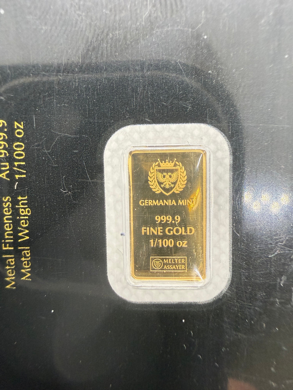 1/100 troy oz Fine Gold 999.9 Bar Germania Mint in Assay