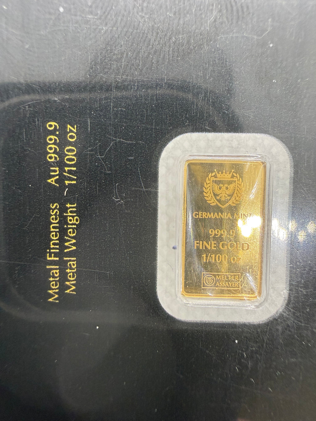 1/100 troy oz Fine Gold 999.9 Bar Germania Mint in Assay