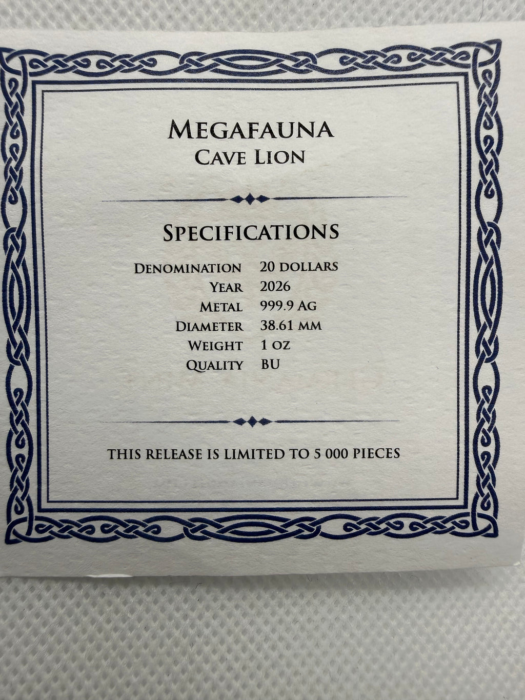 Germania Mint 1oz Fine 999.9 Silver Coin - Megafauna Cave Lion limited to 5000 With COA