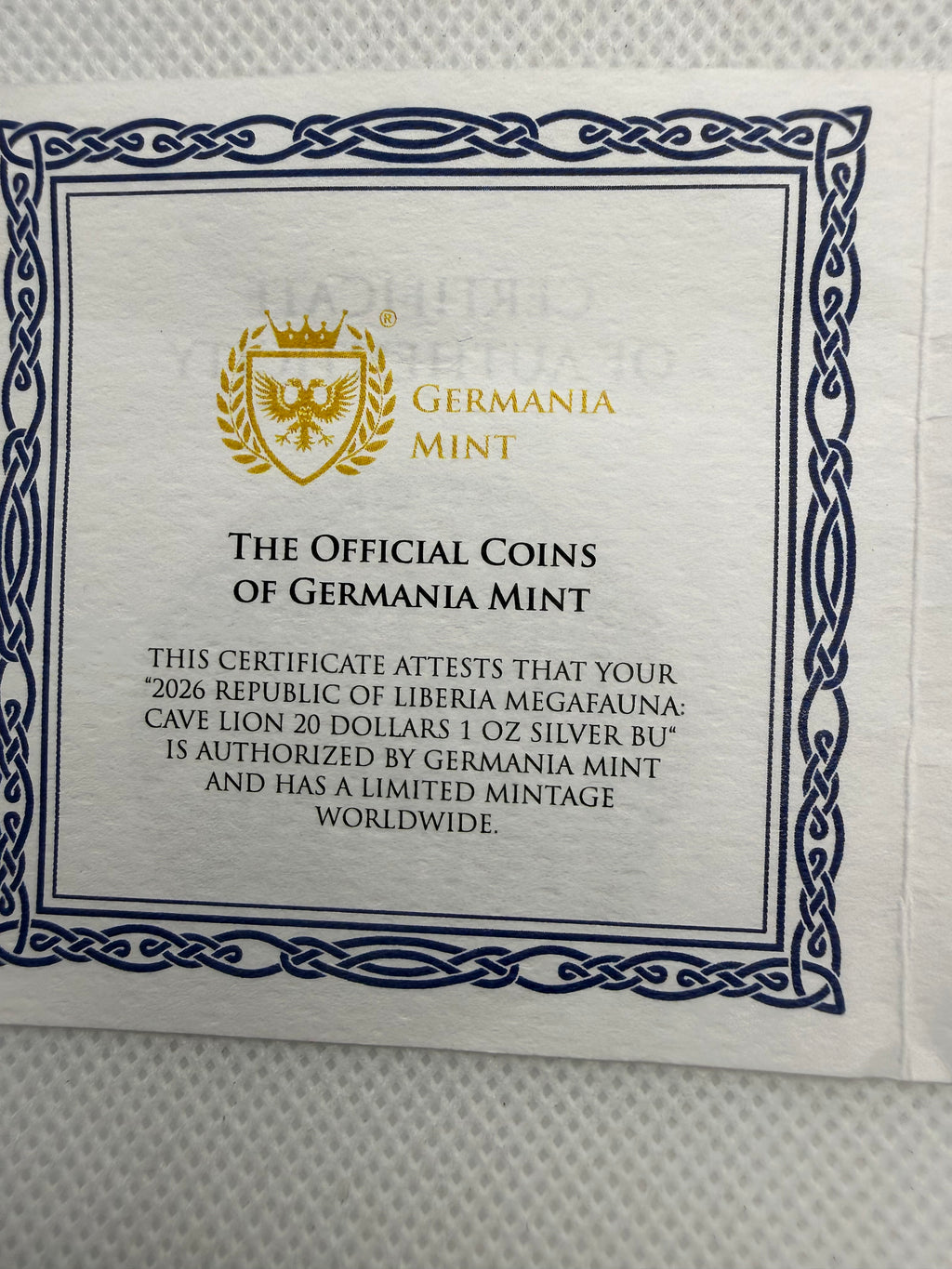 Germania Mint 1oz Fine 999.9 Silver Coin - Megafauna Cave Lion limited to 5000 With COA