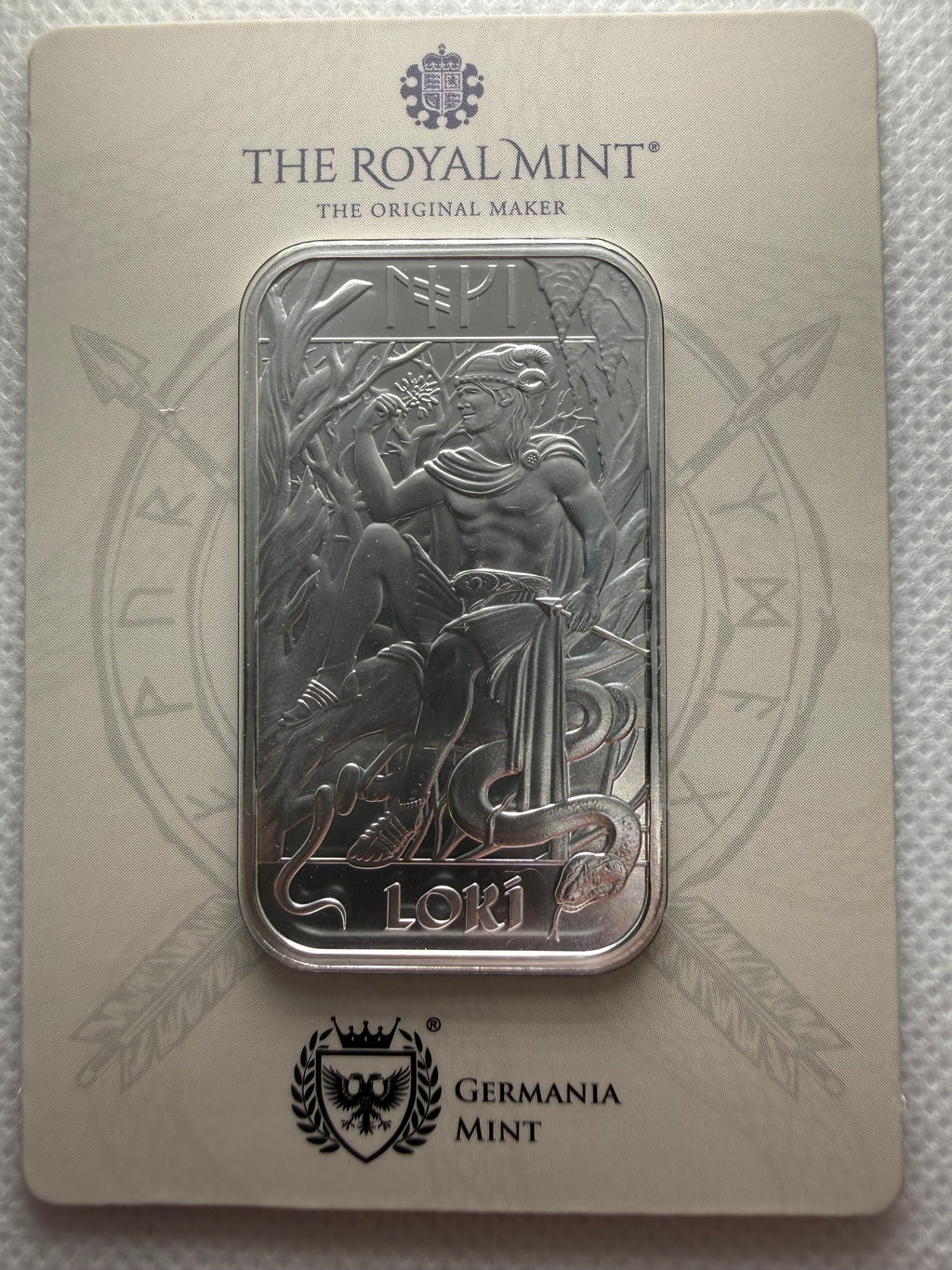 The Royal Mint x Germania Mint 1oz Fine 999.9 Silver Loki Bar in Assay
