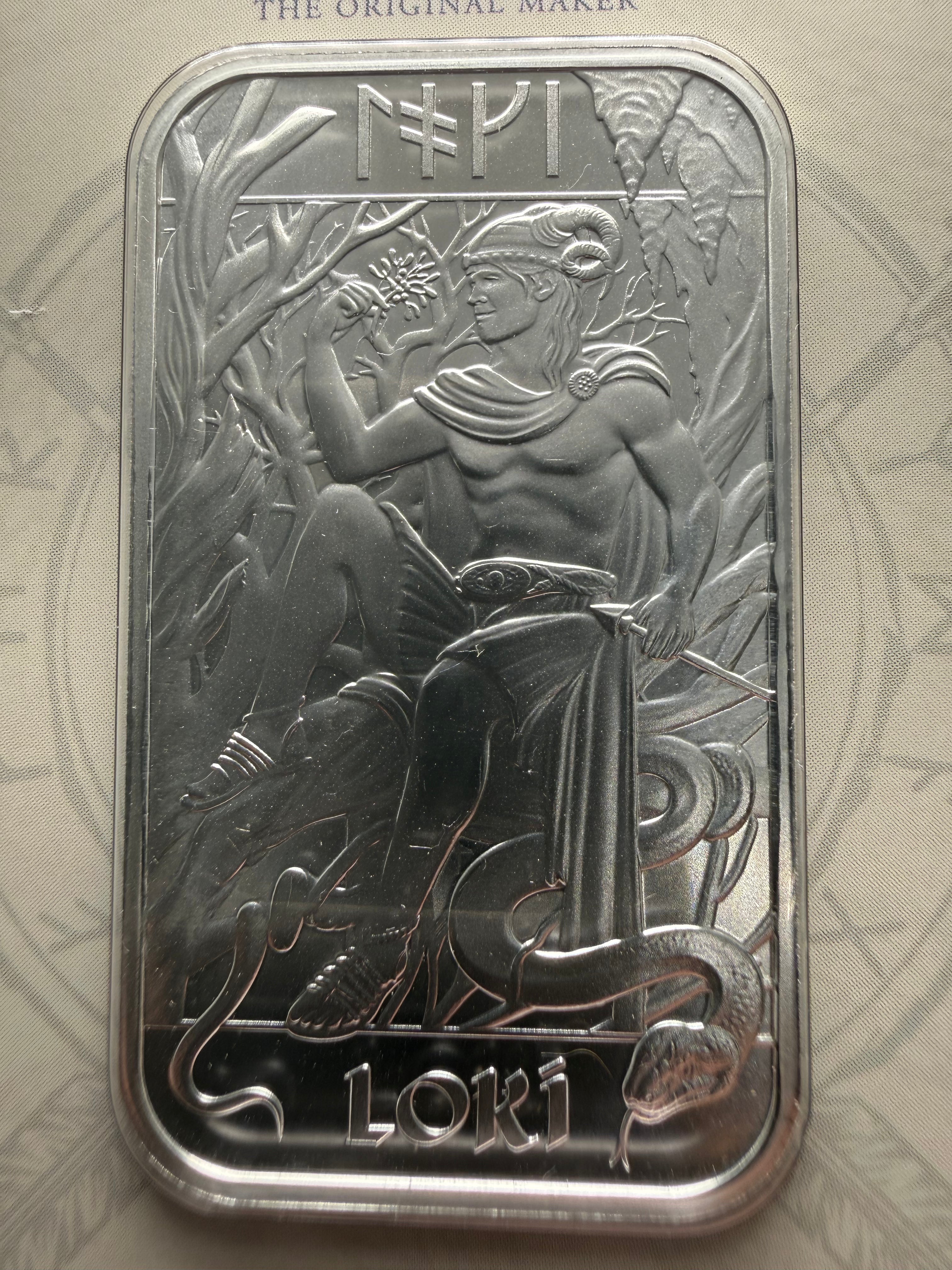 The Royal Mint x Germania Mint 1oz Fine 999.9 Silver Loki Bar in Assay