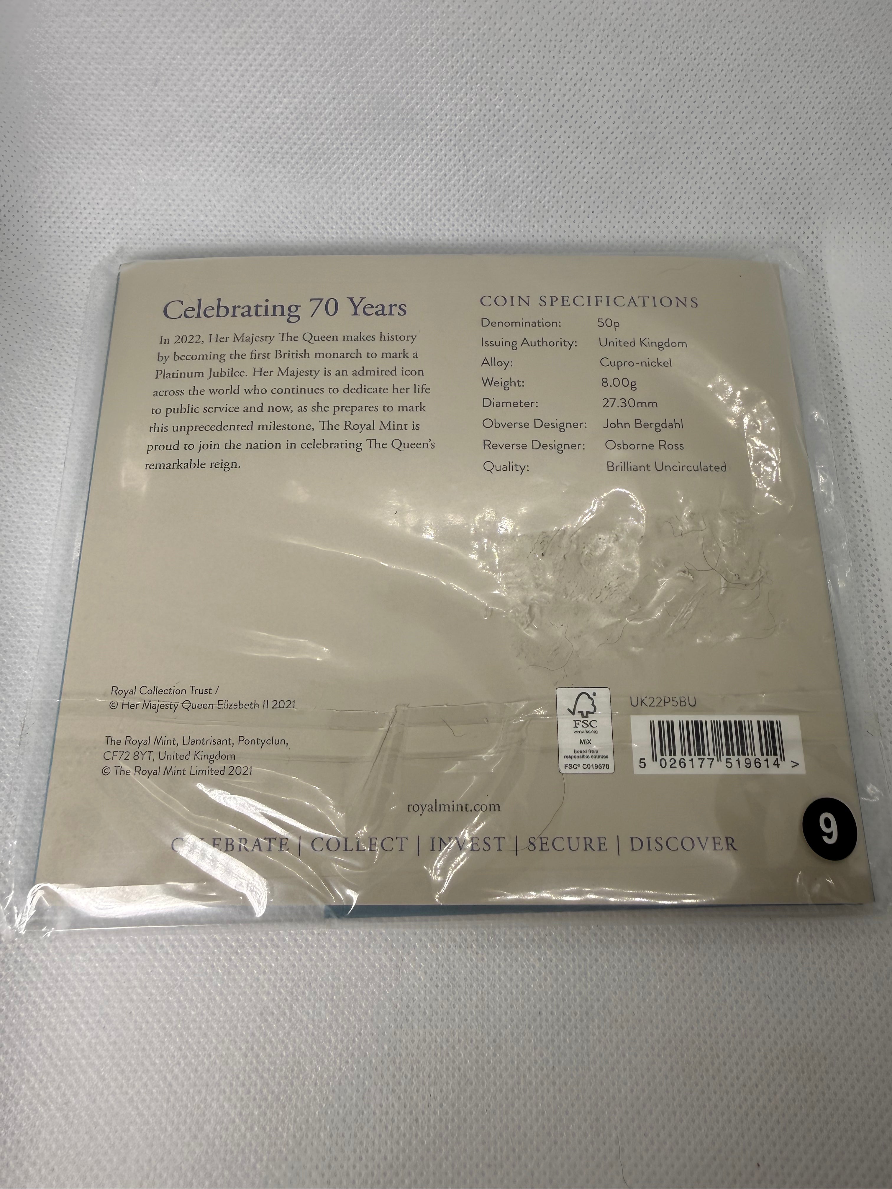 Platinum Jubilee 50 pence BU coin in presentation pack