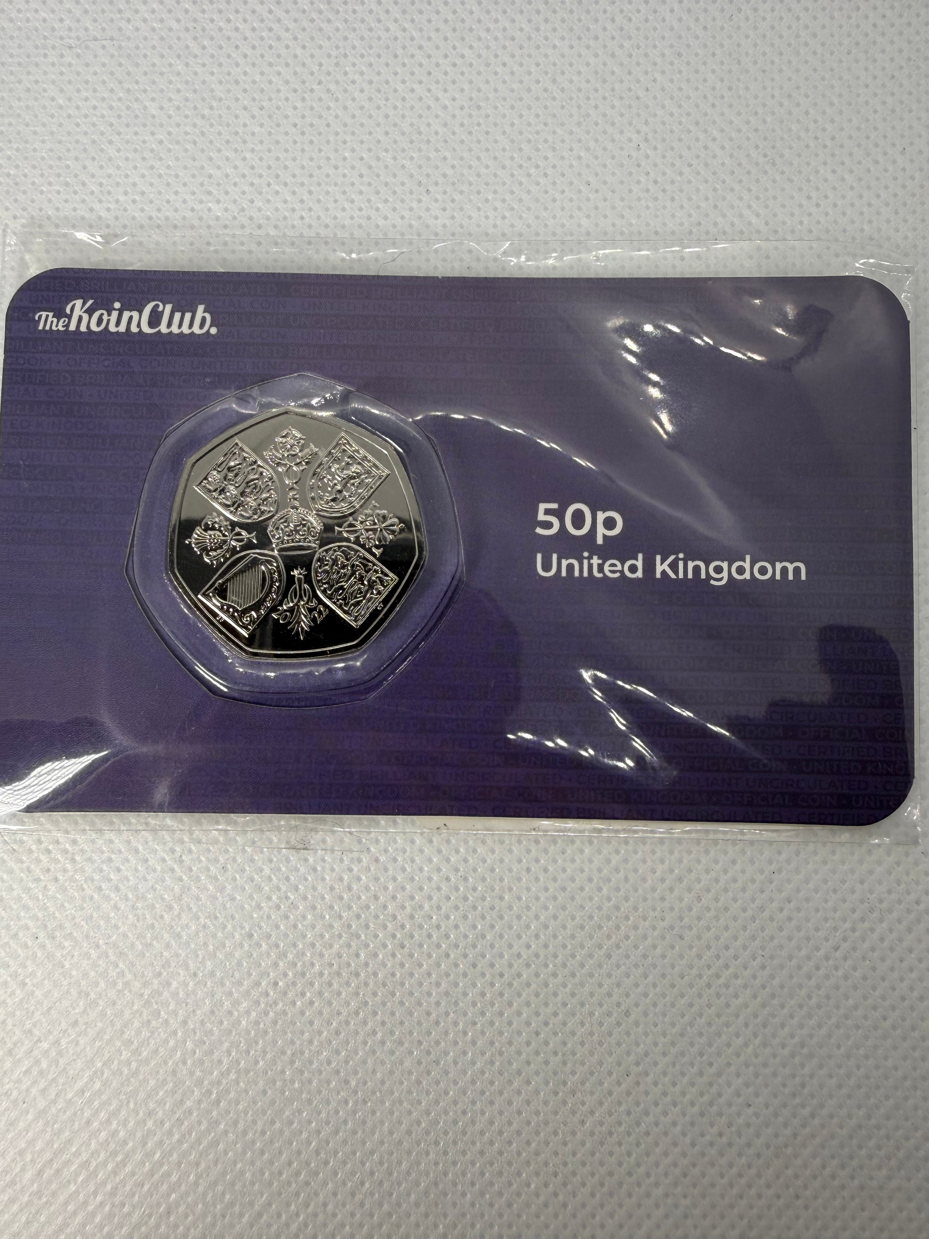 QEII Memorial 50p BU Coin, the first coin featuring King Charles, 2022.