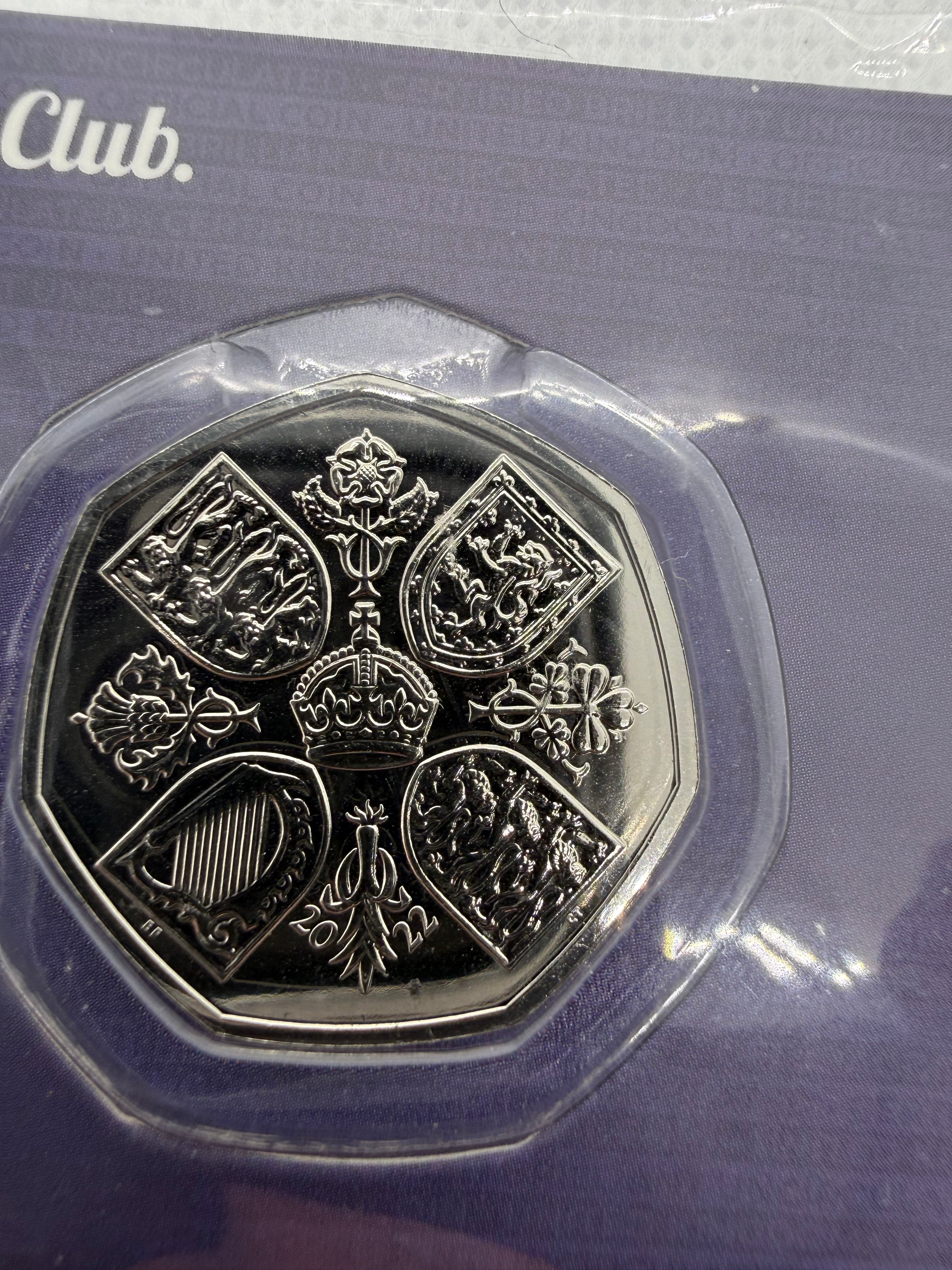 QEII Memorial 50p BU Coin, the first coin featuring King Charles, 2022.