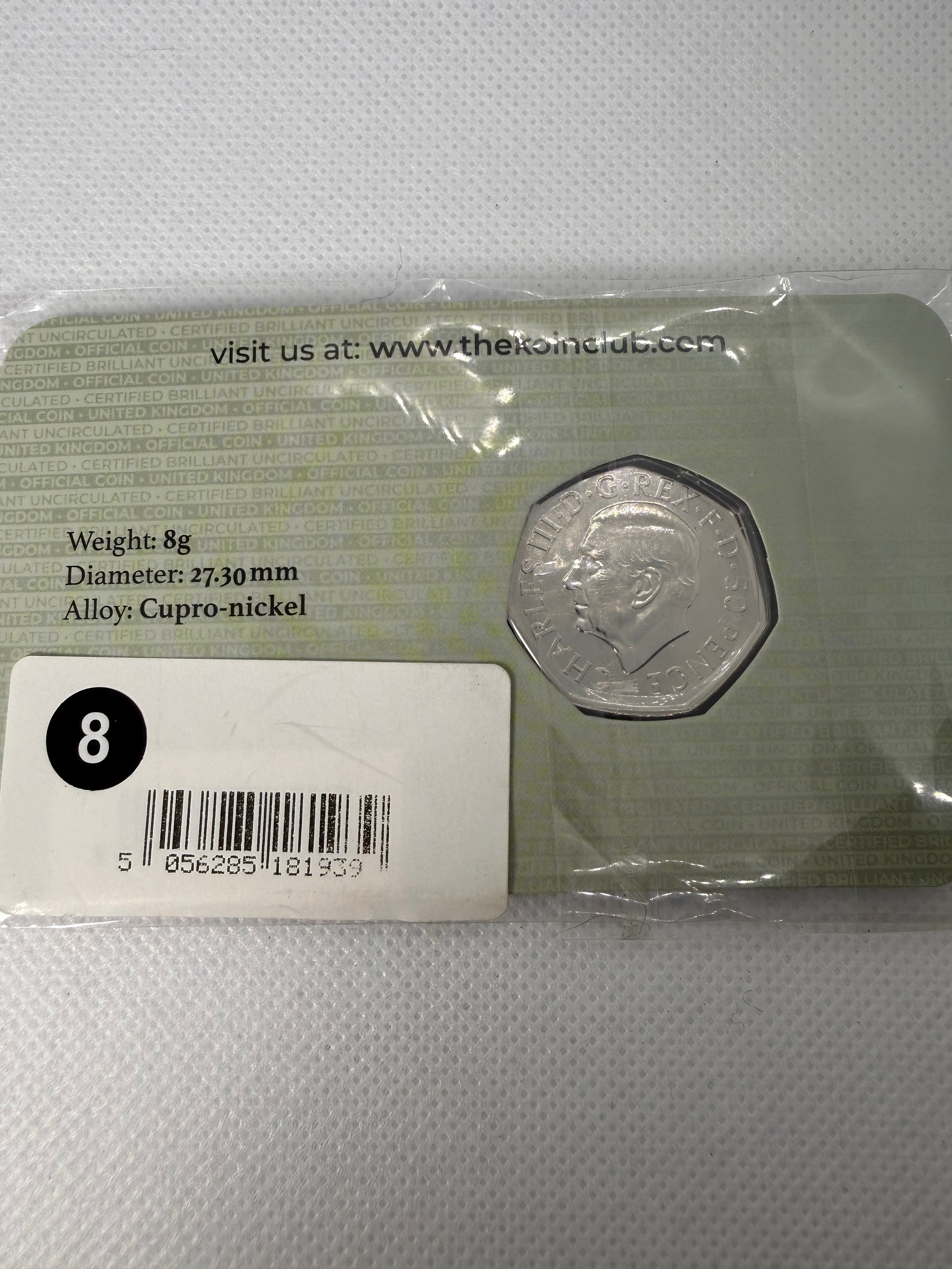 QEII Memorial 50p BU Coin, the first coin featuring King Charles, 2022.
