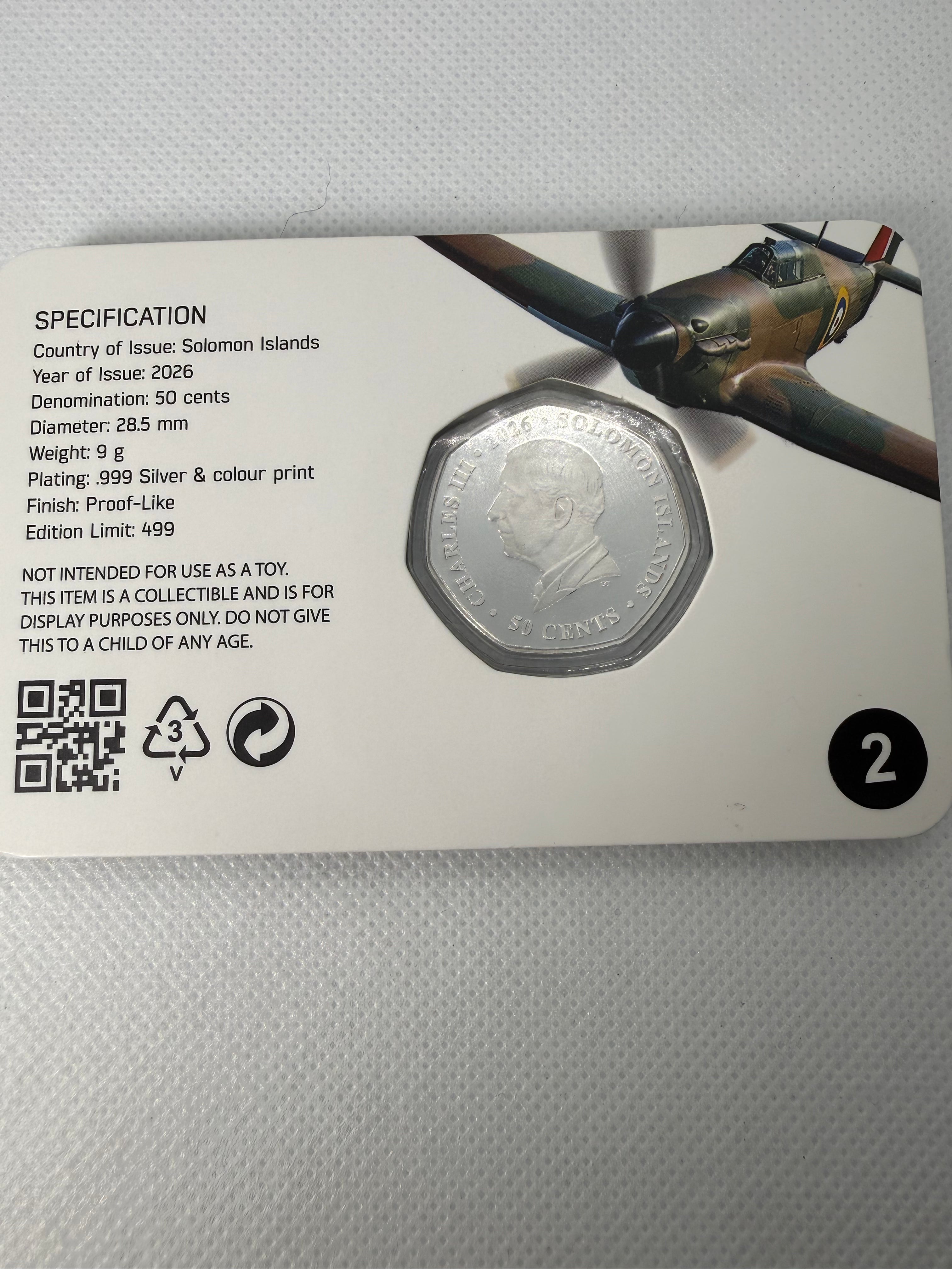 Hawker Hurricane Silver Plated and Colourised BU Coin in Card with COA - Limited Edition to 499