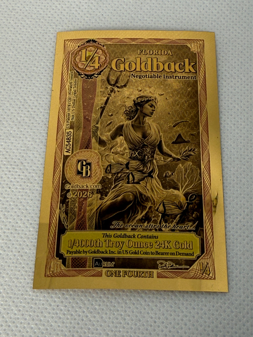 1/4 Florida Goldback 2026 Alpha Series 1/4000th Troy Oz 24k Gold Note