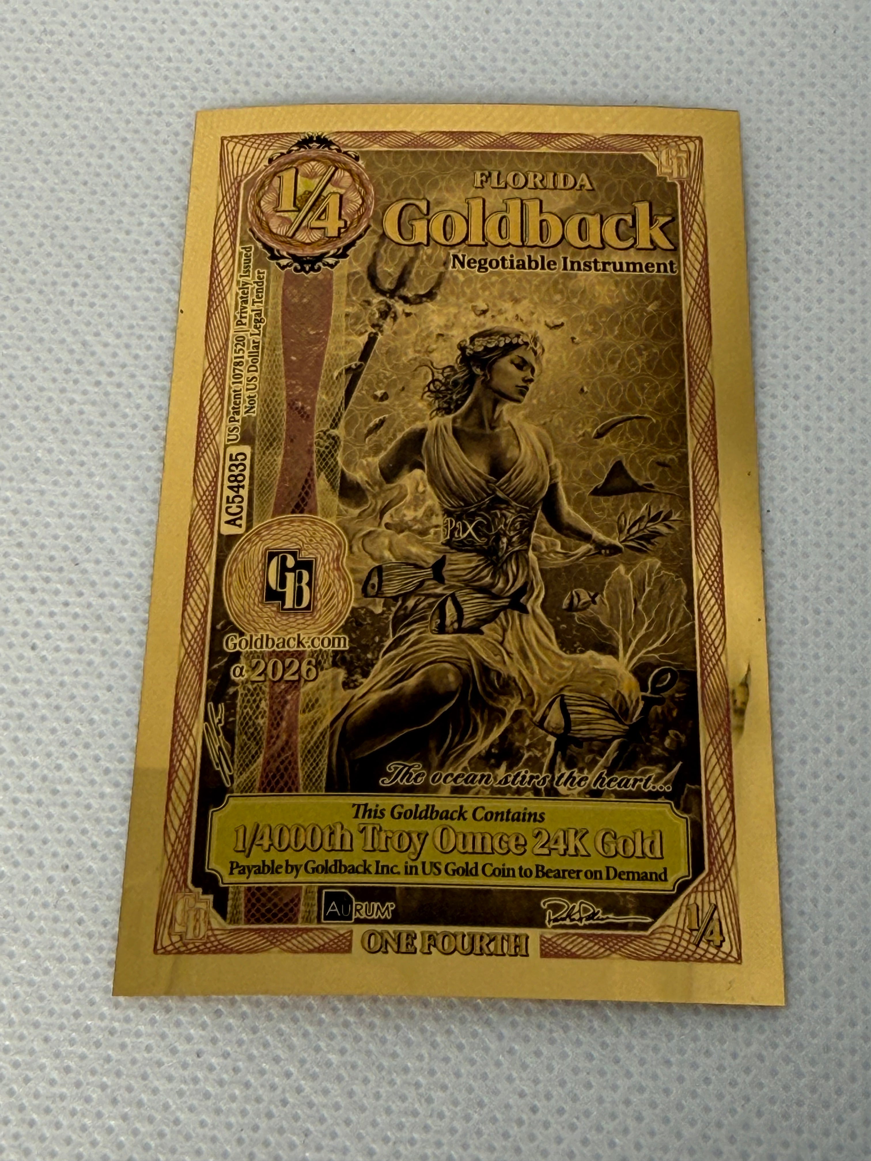 1/4 Florida Goldback 2026 Alpha Series 1/4000th Troy Oz 24k Gold Note