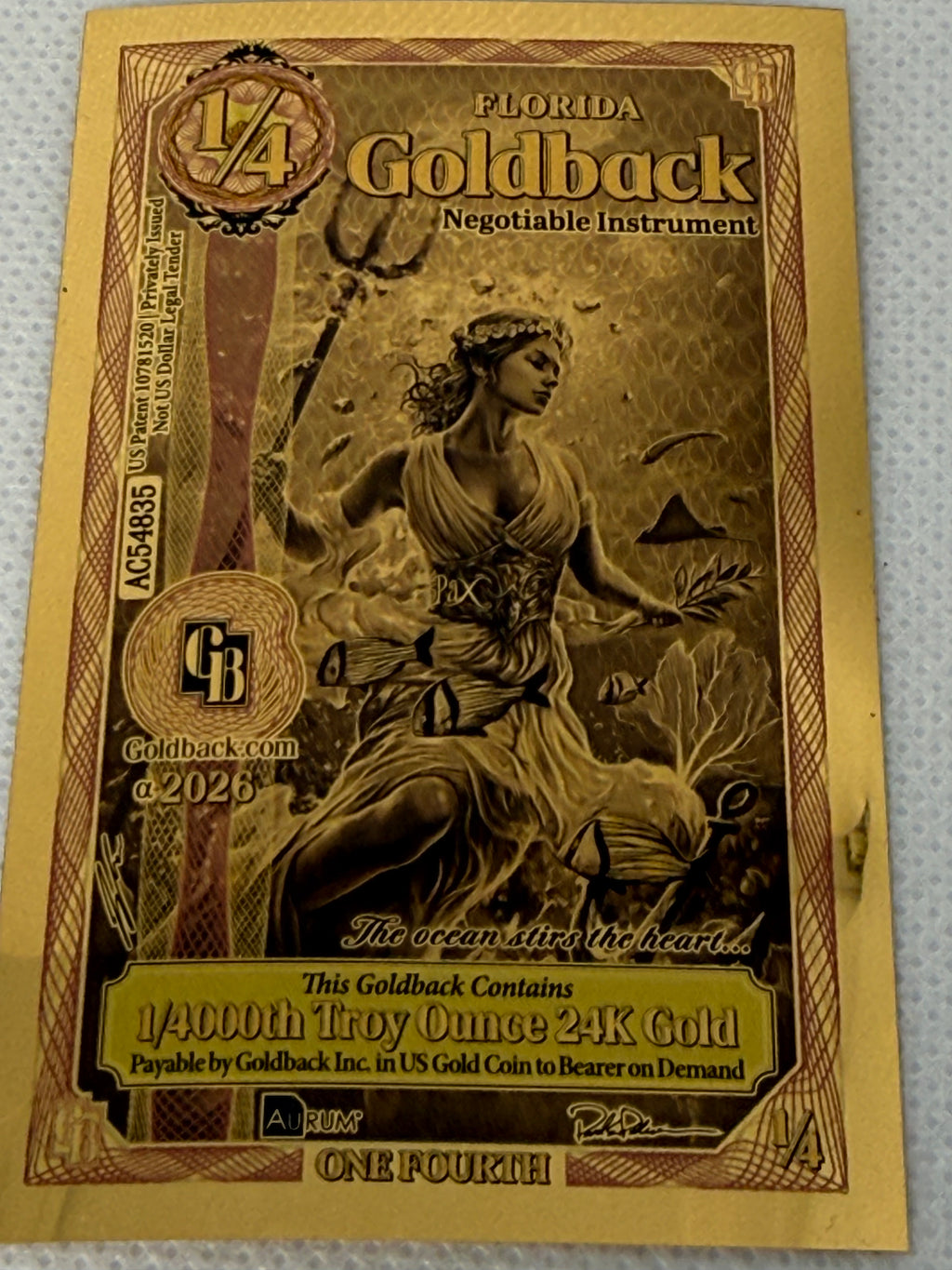 1/4 Florida Goldback 2026 Alpha Series 1/4000th Troy Oz 24k Gold Note