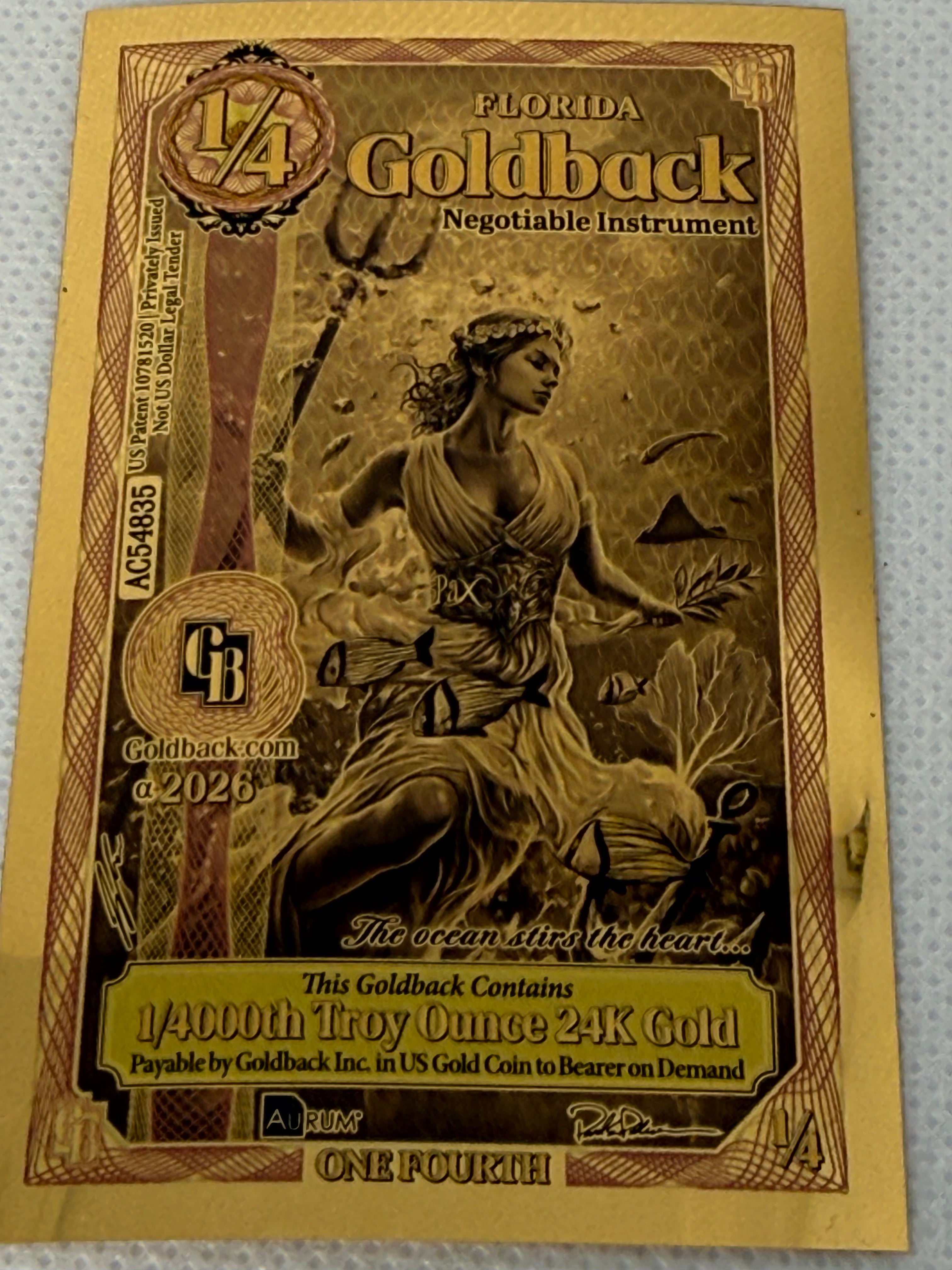 1/4 Florida Goldback 2026 Alpha Series 1/4000th Troy Oz 24k Gold Note