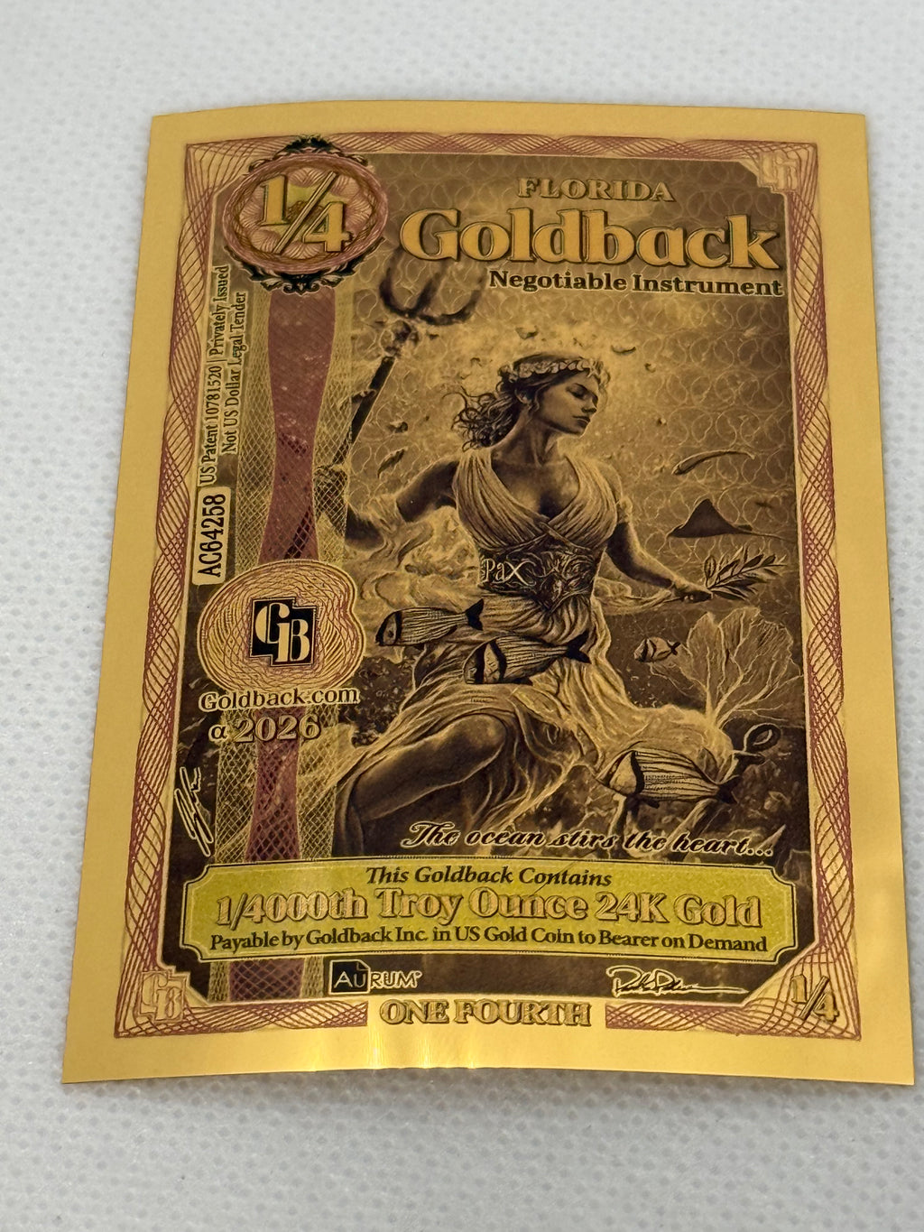 1/4 Florida Goldback 2026 Alpha Series 1/4000th Troy Oz 24k Gold Note