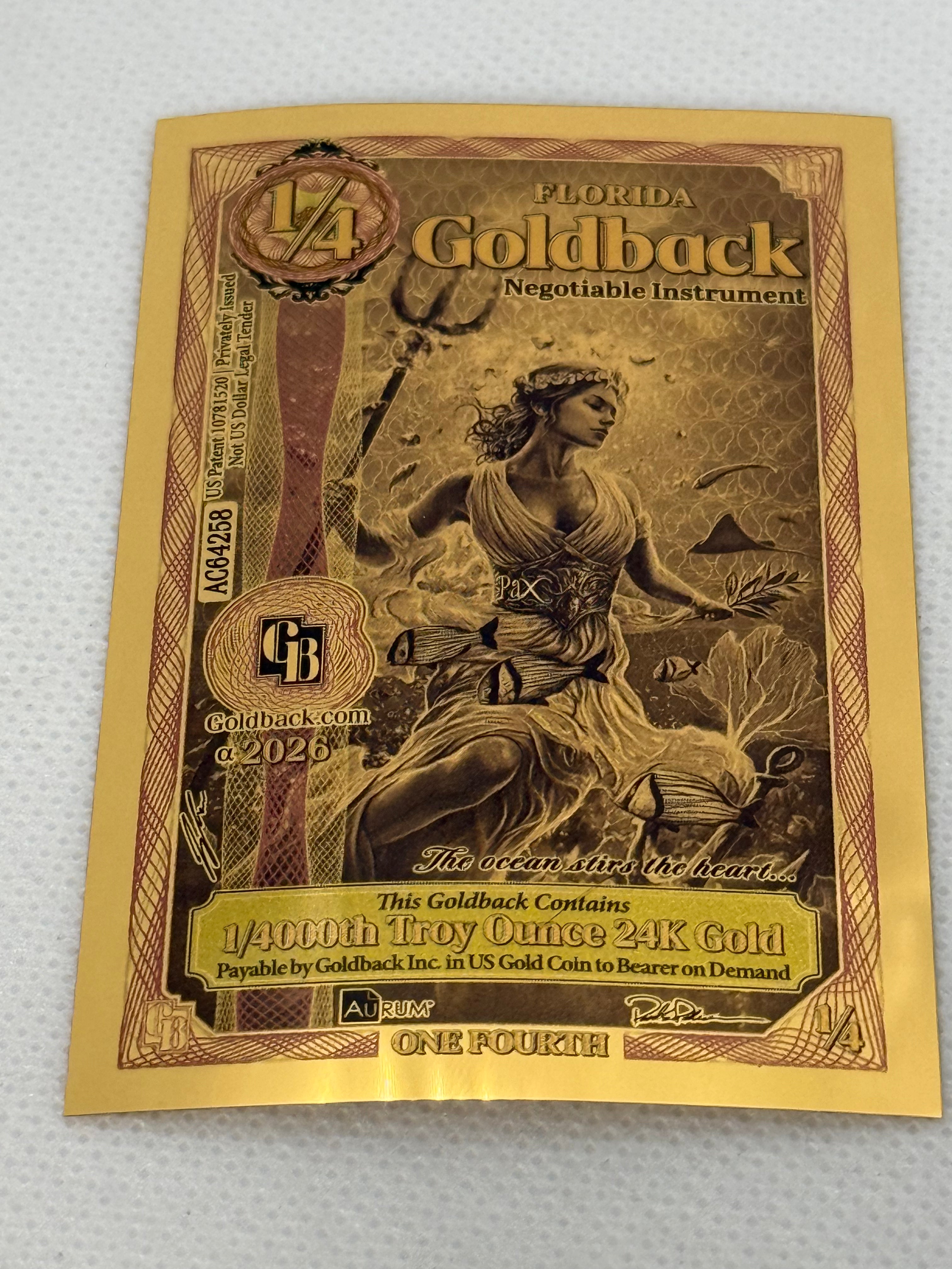 1/4 Florida Goldback 2026 Alpha Series 1/4000th Troy Oz 24k Gold Note