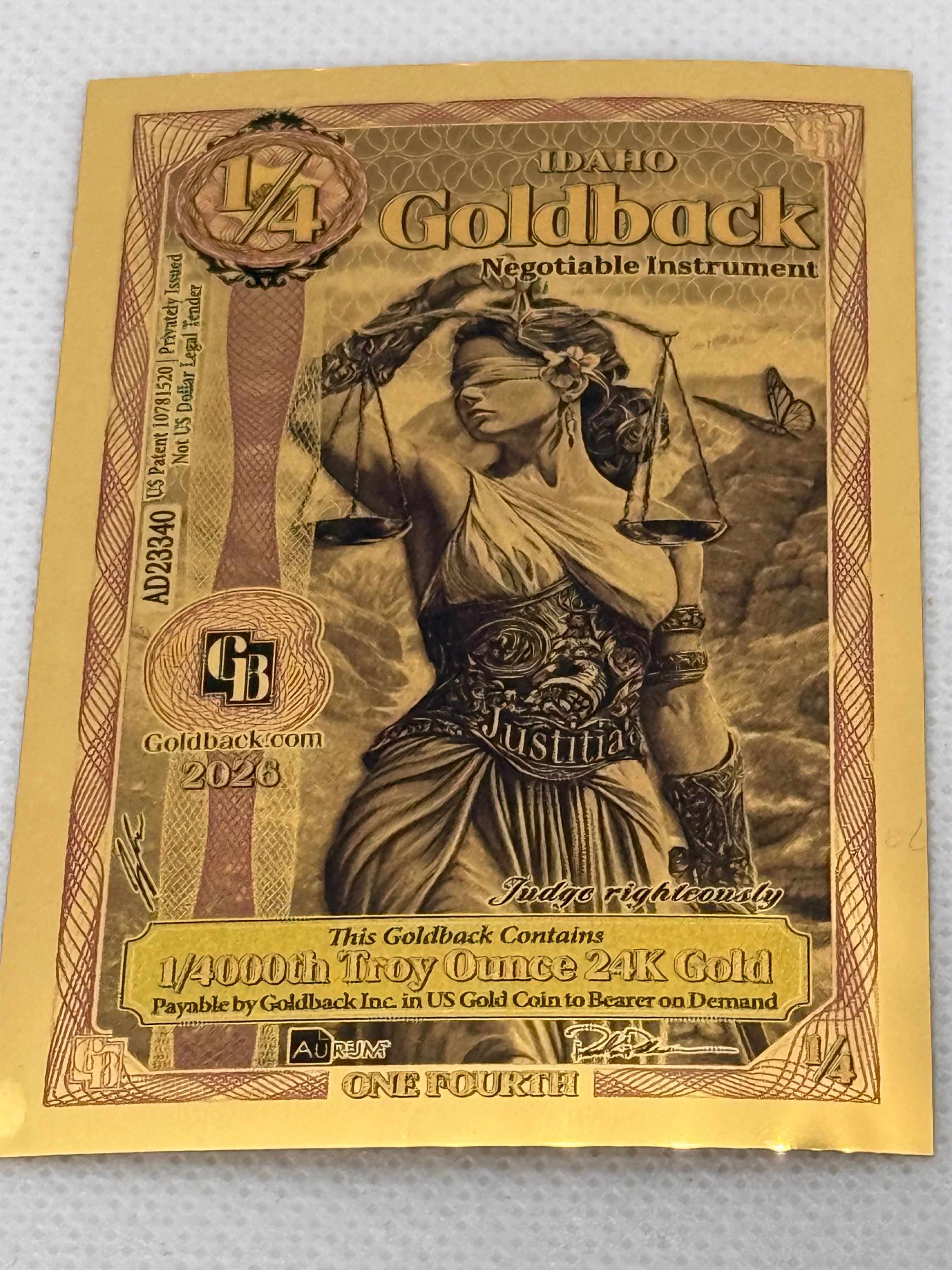 1/4 Idaho Goldback 2026 Series 1/4000th Troy Oz 24k Gold Note