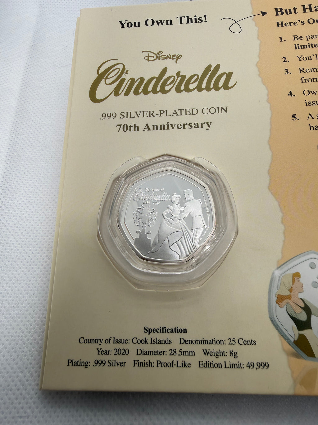 Special Edition Disney Cinderella 999 Silver Plated 50p Coin 70th Anniversary 2020