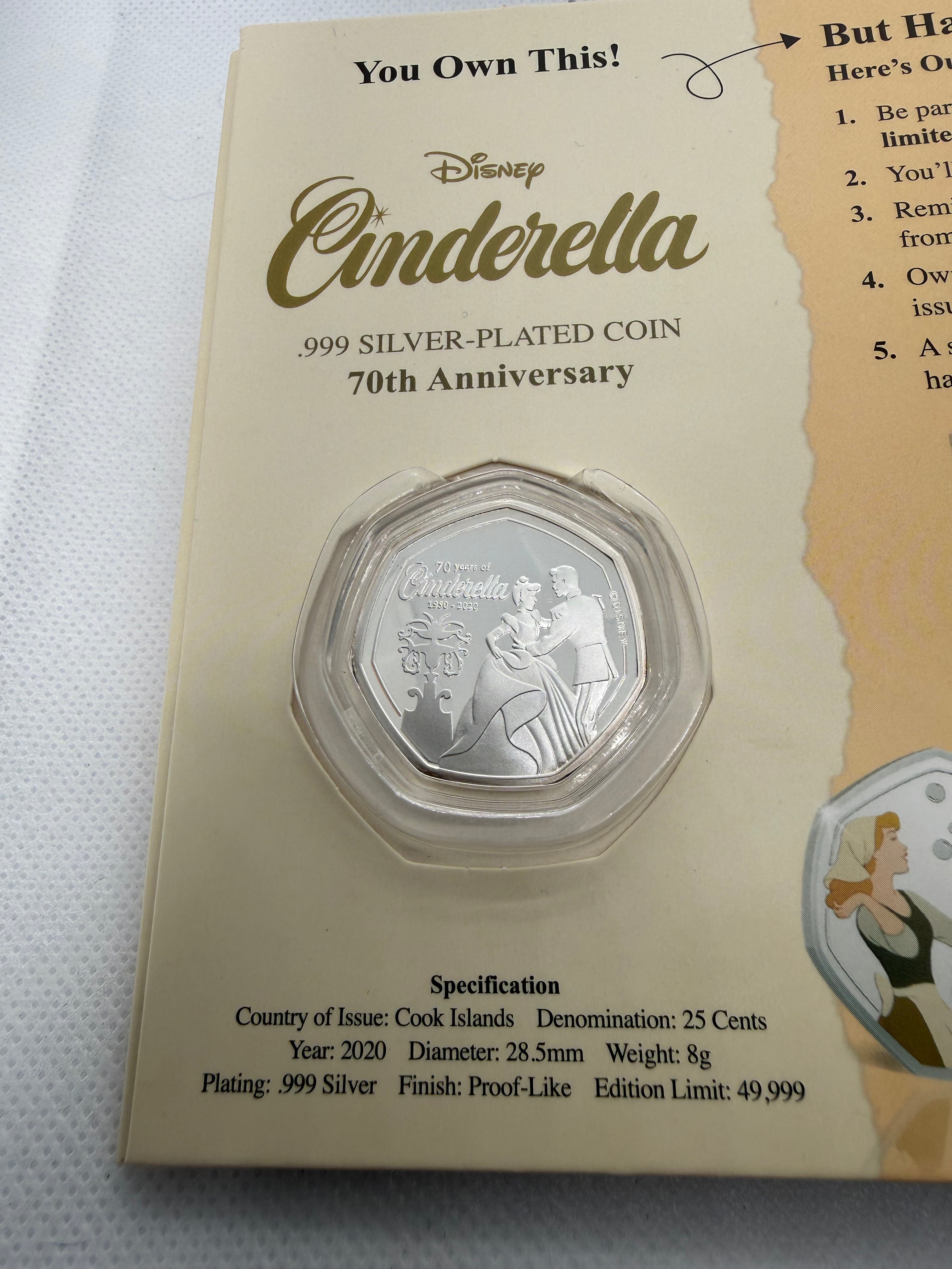 Special Edition Disney Cinderella 999 Silver Plated 50p Coin 70th Anniversary 2020