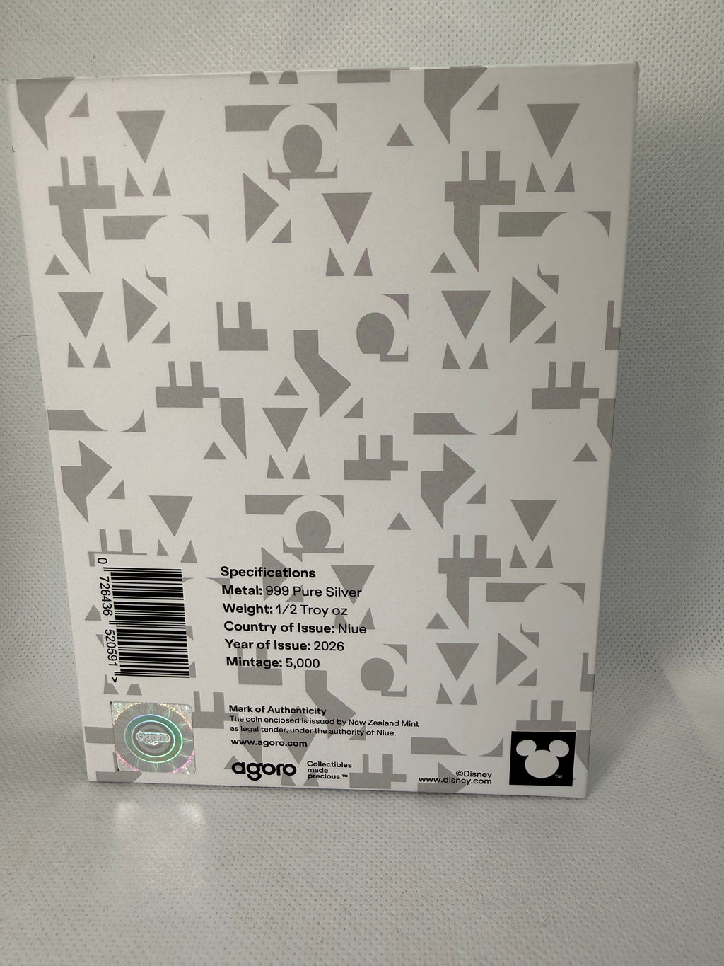 Agoro Mickey Mouse Iconic Silhouettes 1/2 Troy Oz Fine 999 Silver Coin in Presentation Box