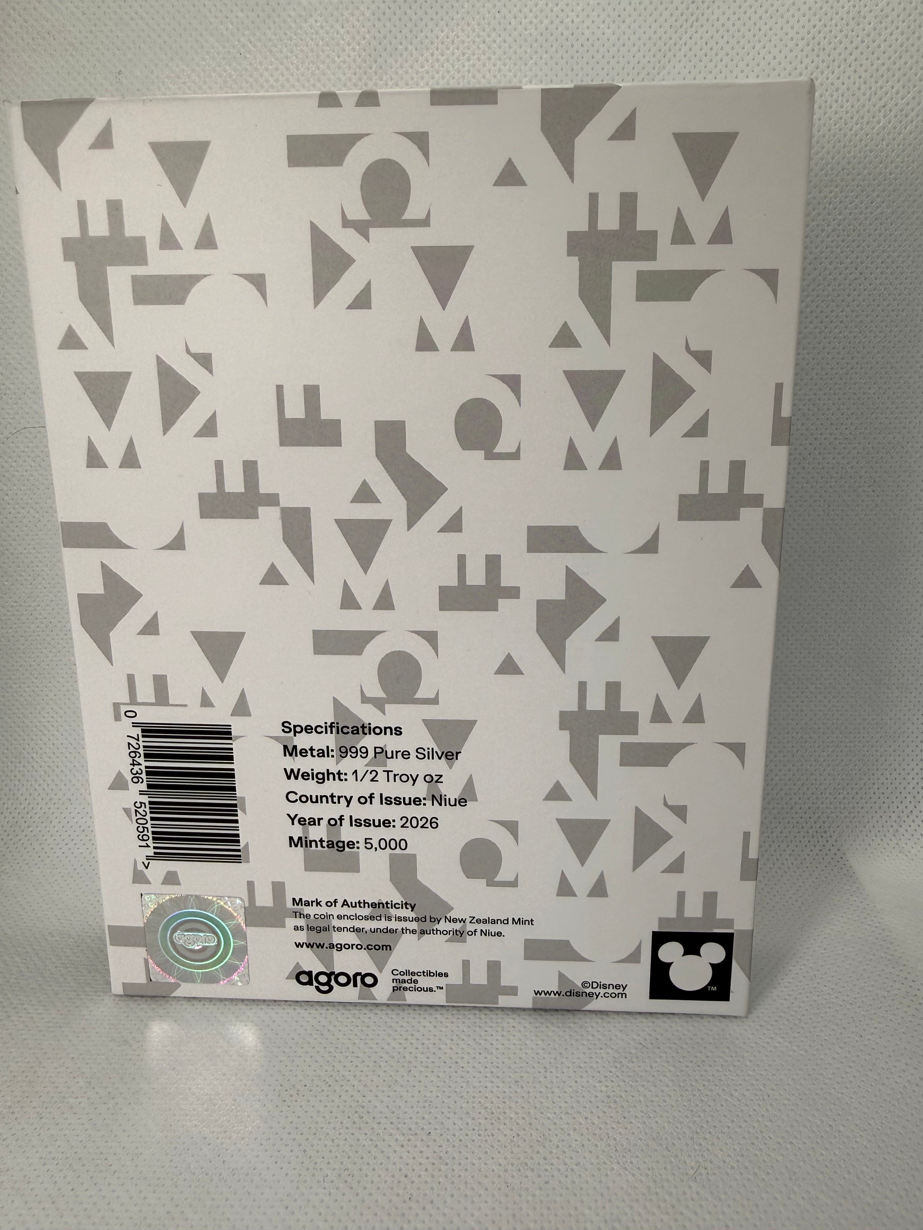 Agoro Mickey Mouse Iconic Silhouettes 1/2 Troy Oz Fine 999 Silver Coin in Presentation Box