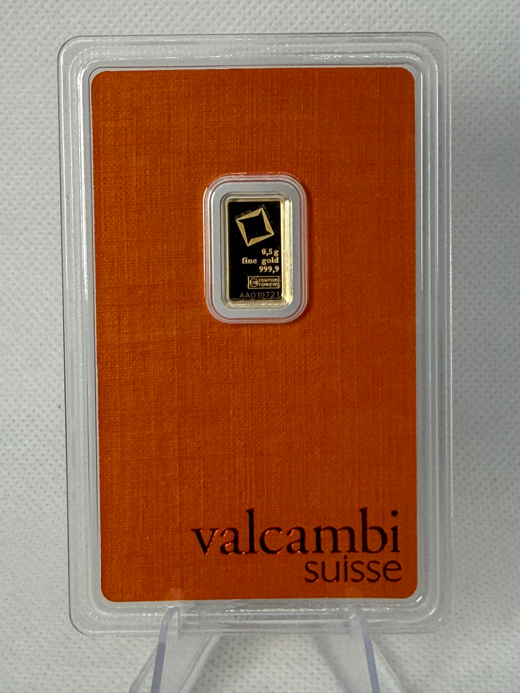 Valcambi Suisse 0.5 Gram Fine 999 Gold Bar in Assay