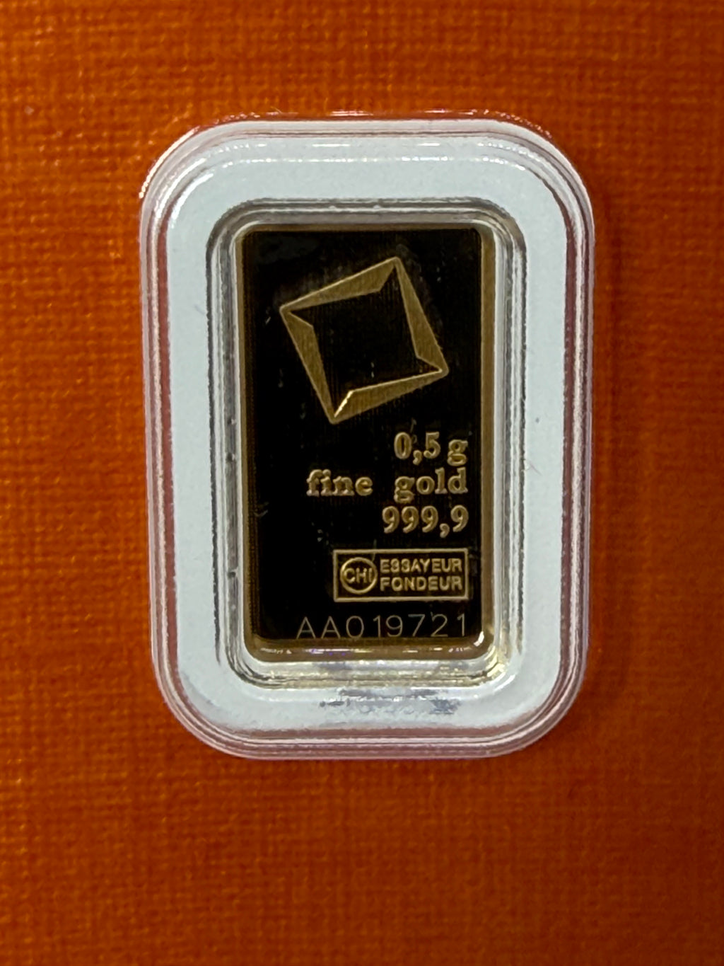 Valcambi Suisse 0.5 Gram Fine 999 Gold Bar in Assay
