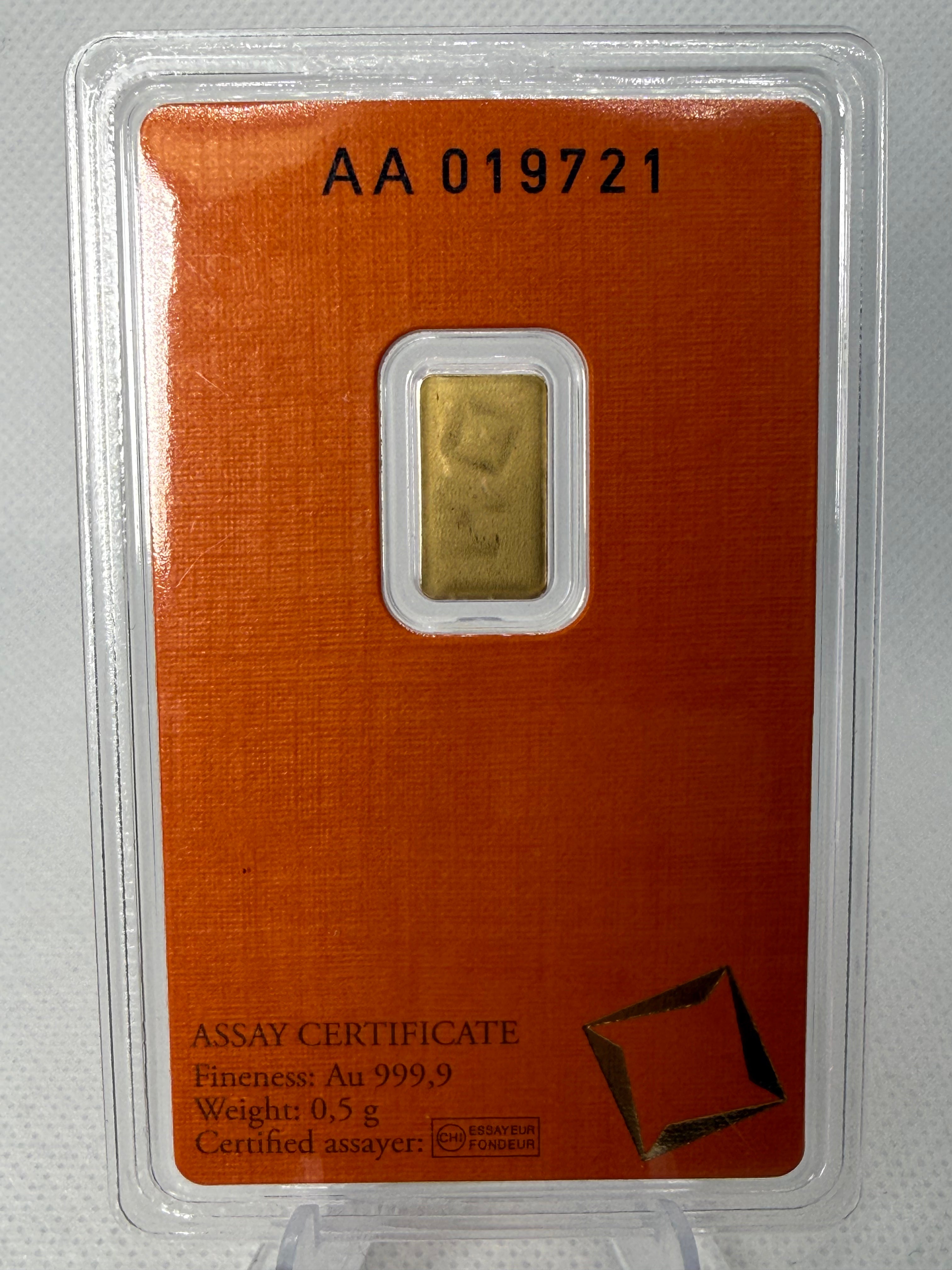 Valcambi Suisse 0.5 Gram Fine 999 Gold Bar in Assay