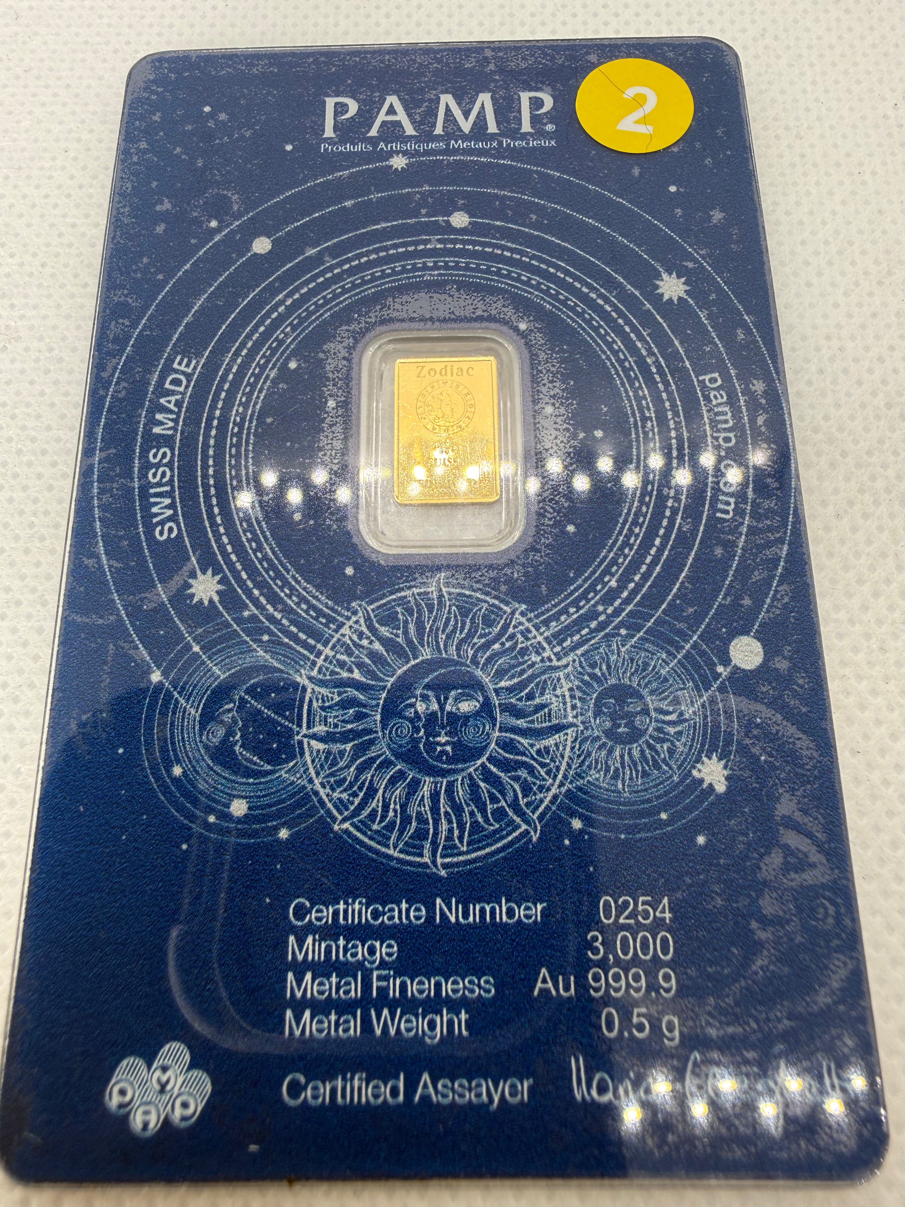 PAMP Suisse Zodiac - Various Bars - 0.5 Gram Fine 999.9 Gold in Assay Card