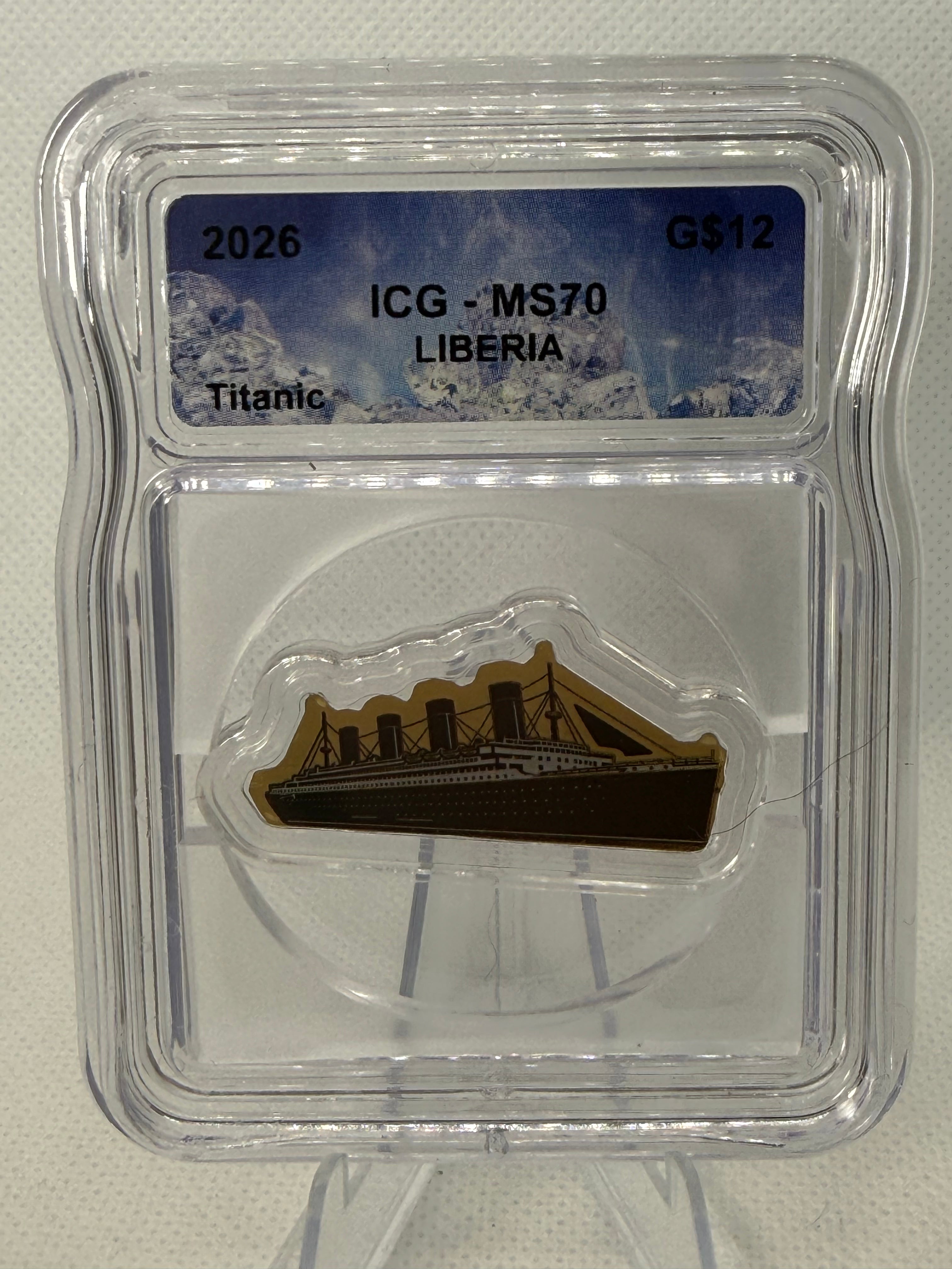 RMS TITANIC Shaped 1/1000 Oz Gold Coin MS70 ICG Graded 12$ Liberia 2026