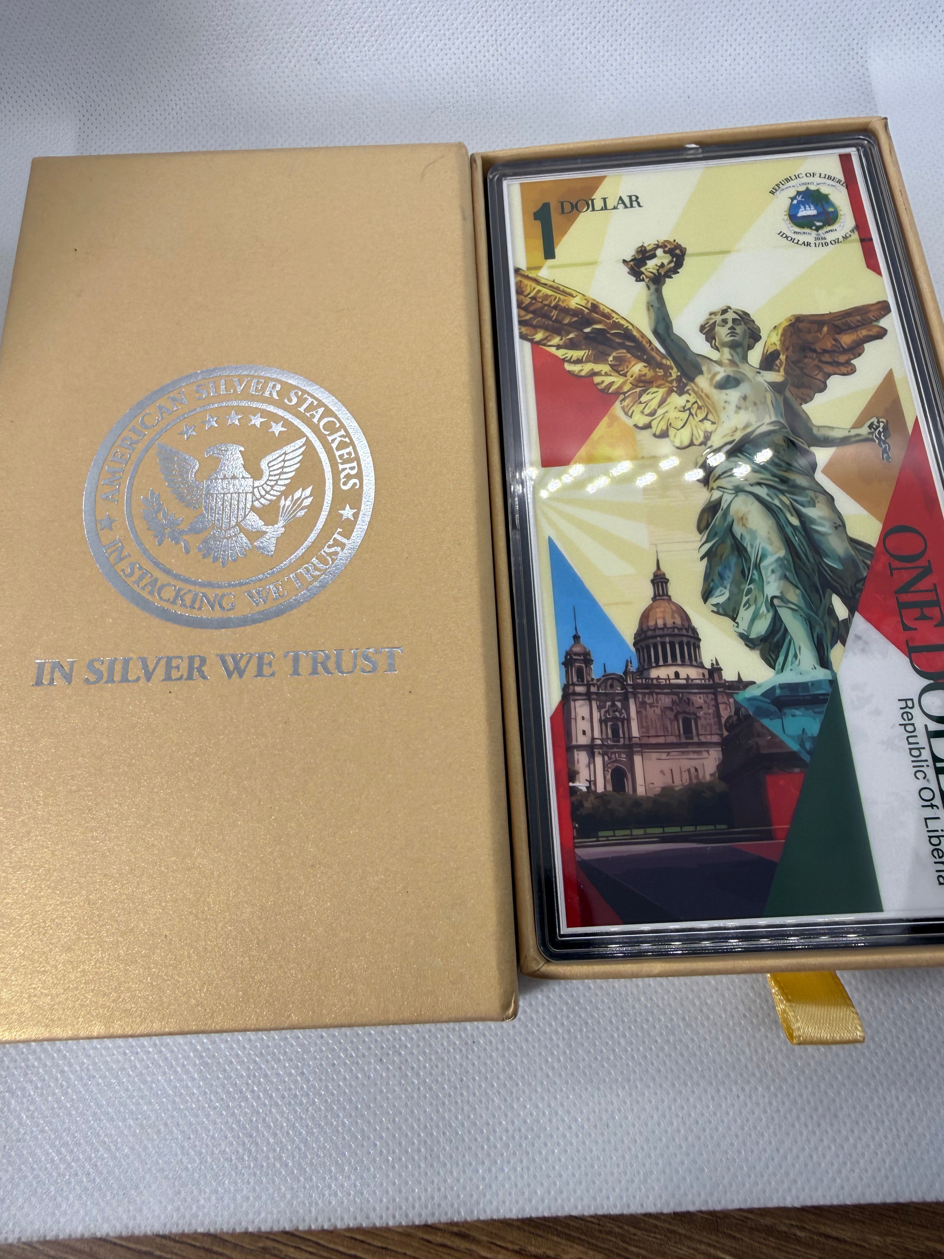 The Angel of Independence 1/10 Oz Silver Foil Note $1 Liberia2026 with COA in Presentation Box