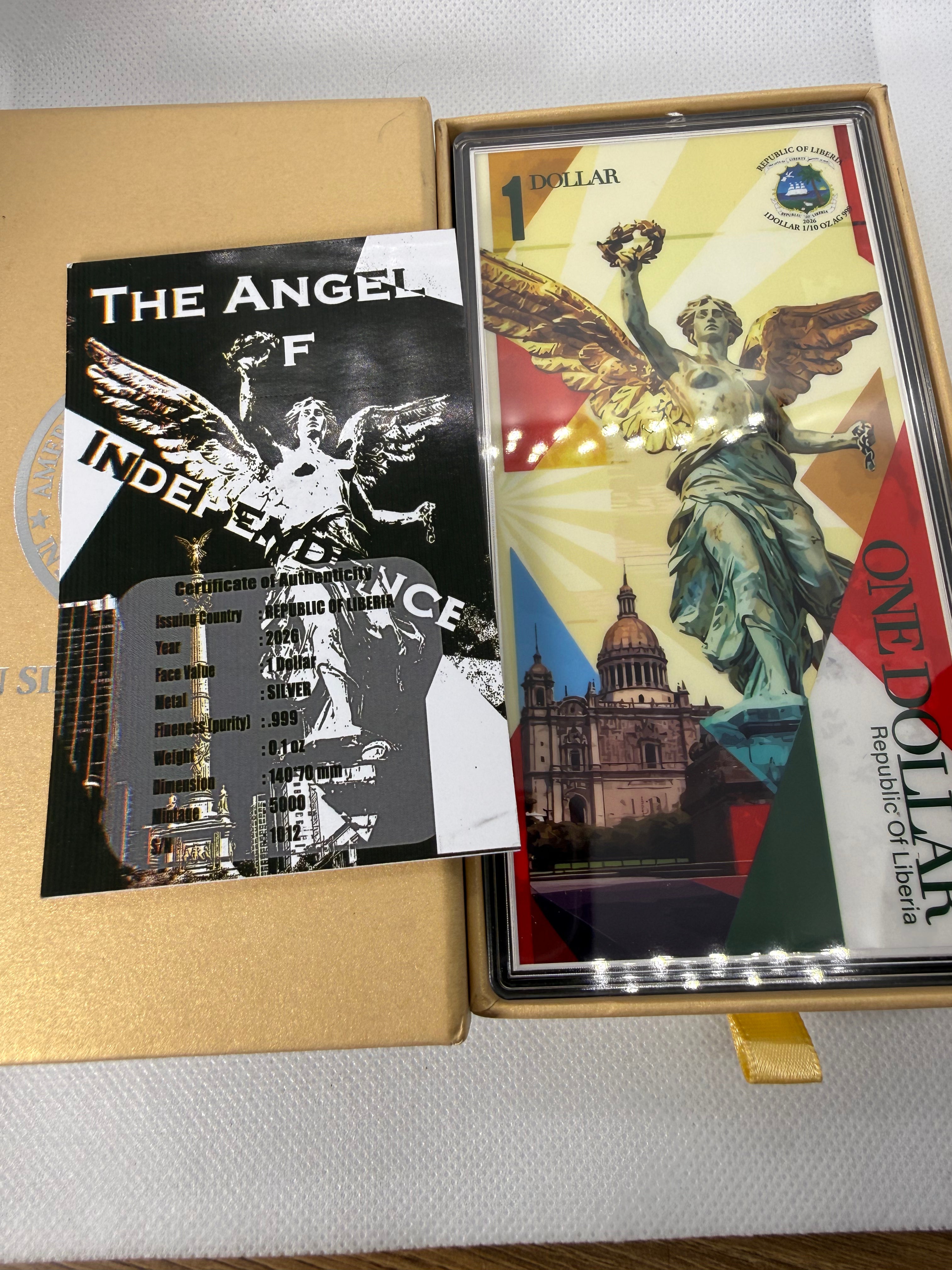 The Angel of Independence 1/10 Oz Silver Foil Note $1 Liberia2026 with COA in Presentation Box