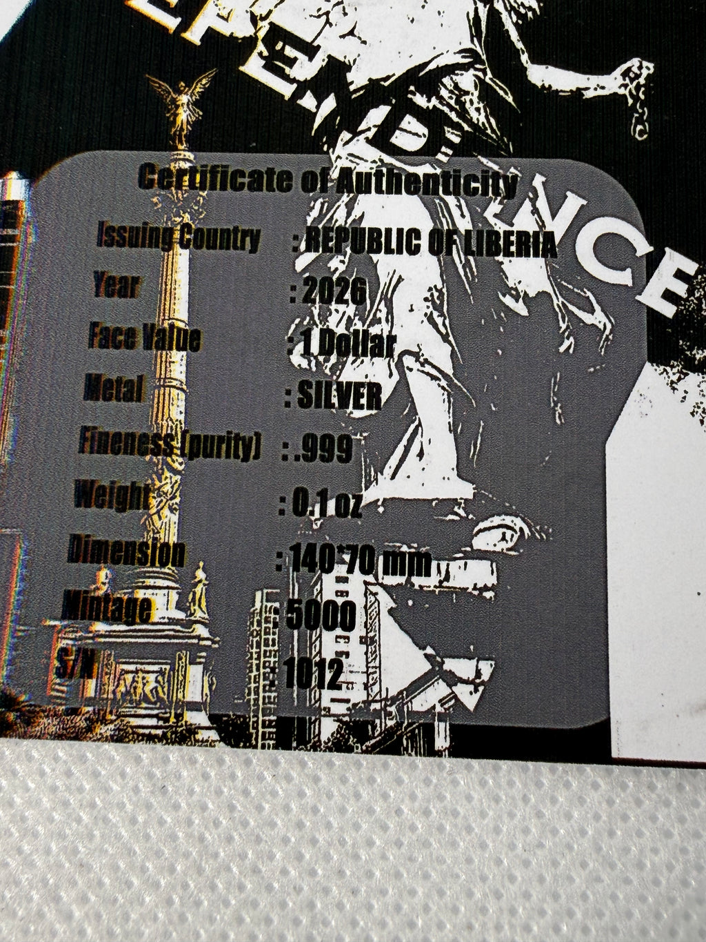 The Angel of Independence 1/10 Oz Silver Foil Note $1 Liberia2026 with COA in Presentation Box