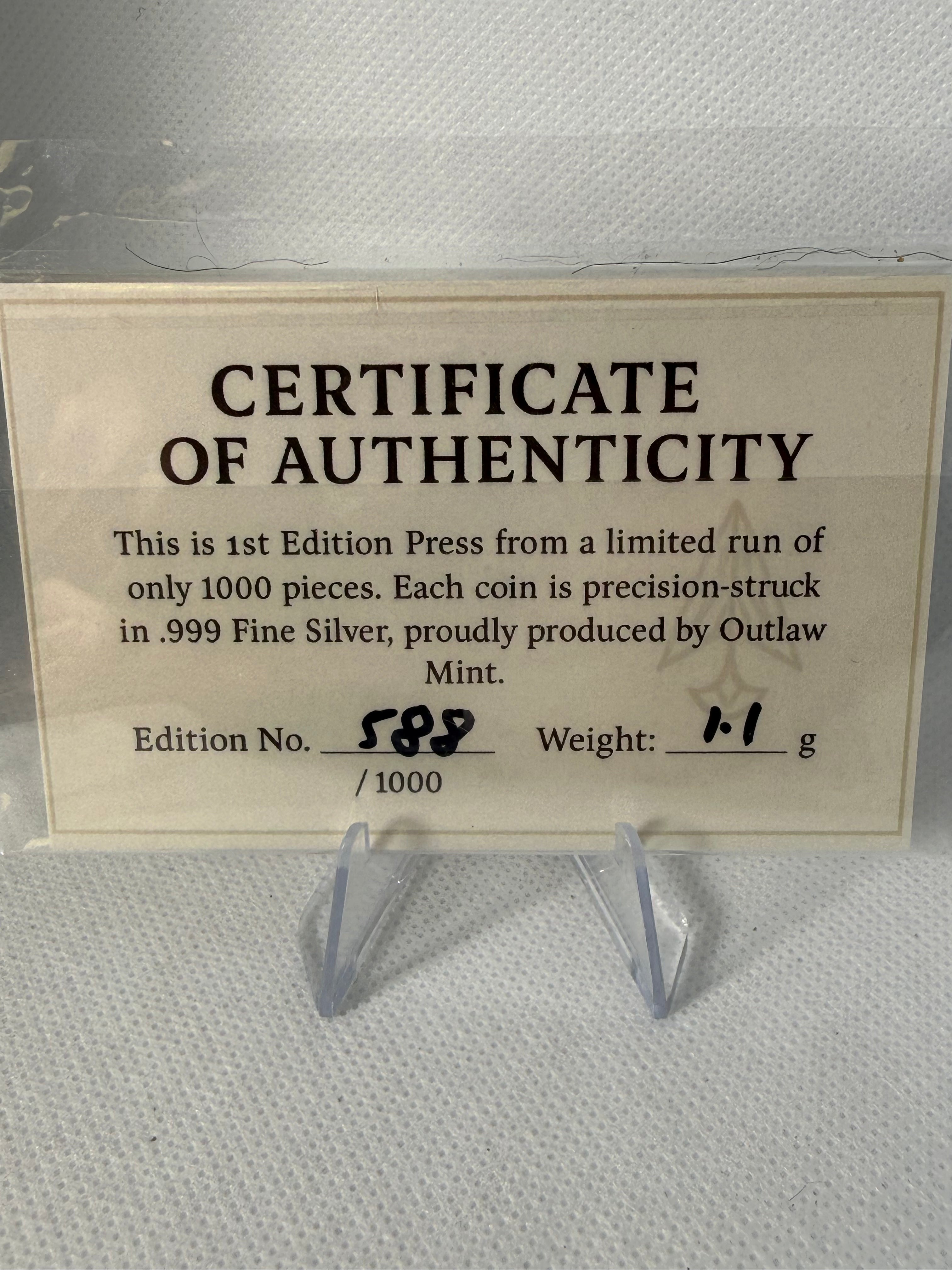 Outlaw Mint Limited Edition 1.1 gram Fine 999 Silver Round in Presentation Pack