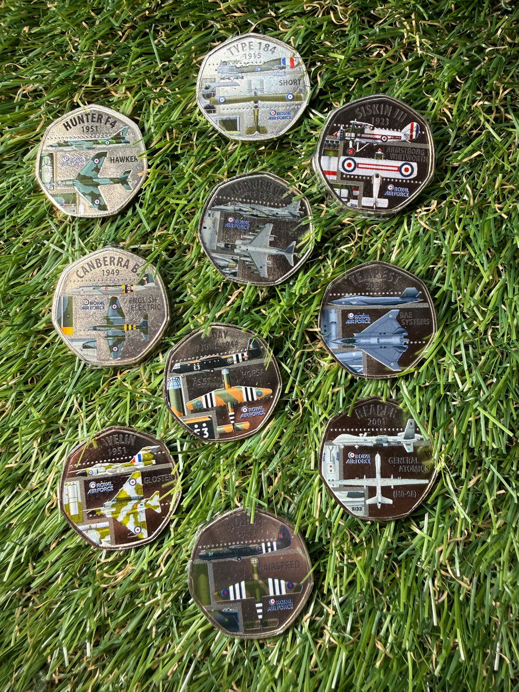 A collection of RAF aircraft coins / tokens celebrating the RAF’s 100th anniversary.