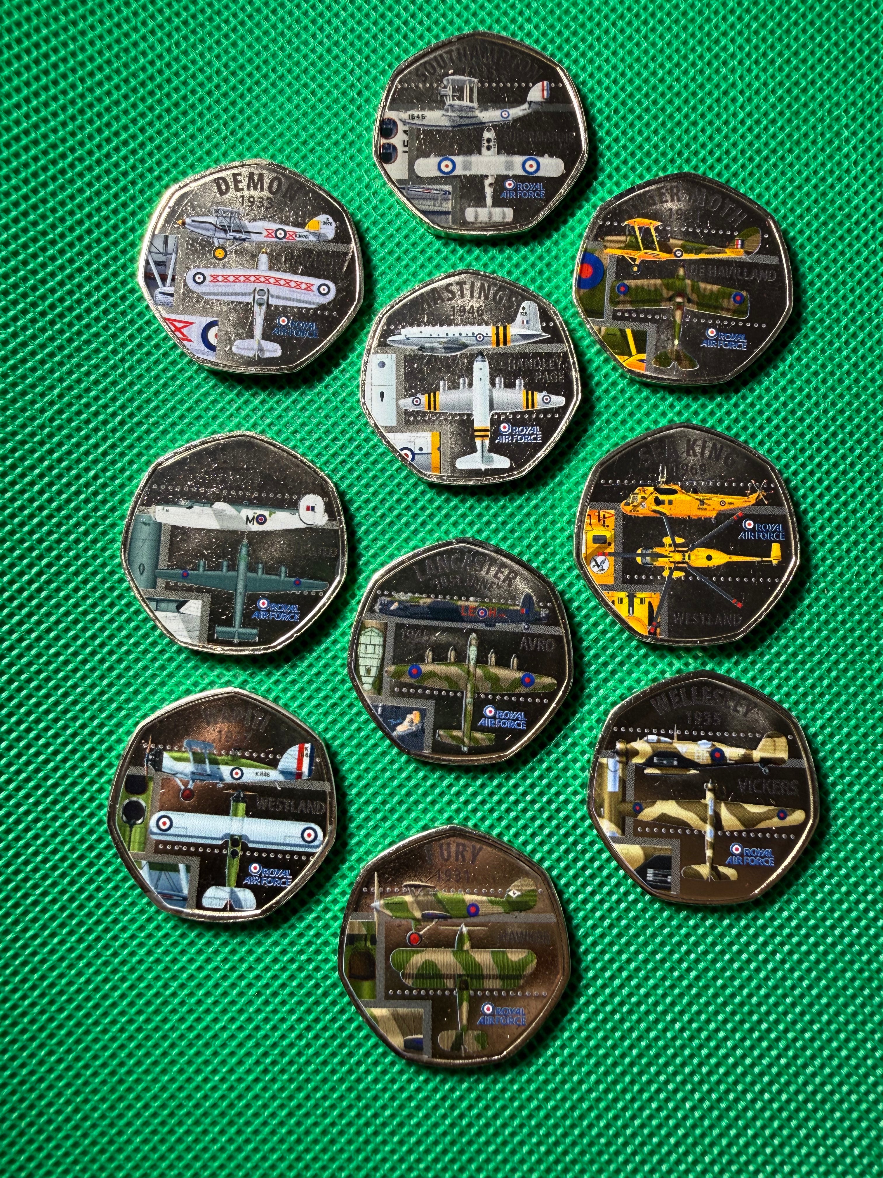 A collection of RAF aircraft coins / tokens celebrating the RAF’s 100th anniversary.
